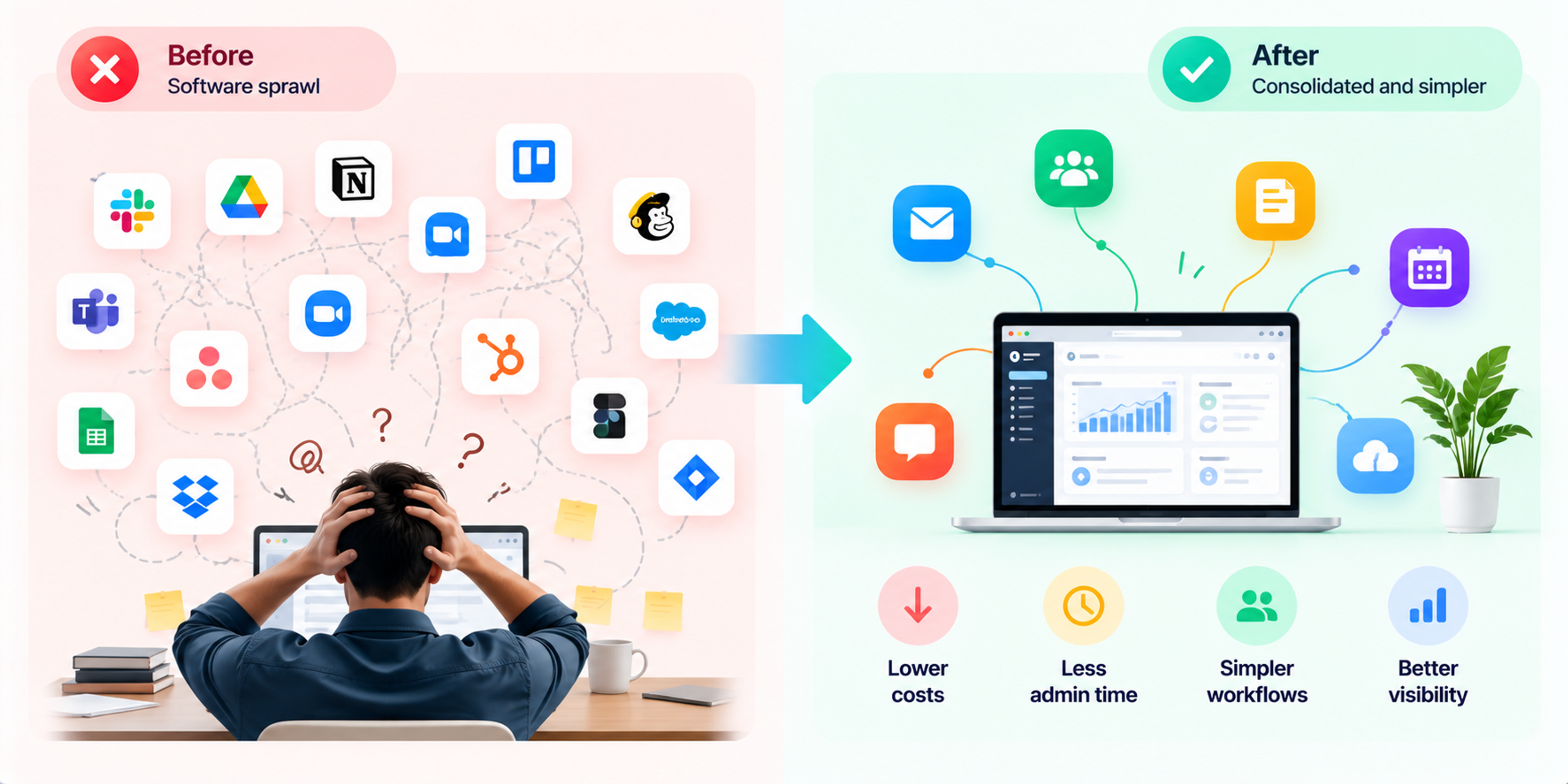 Before-and-after infographic showing software sprawl with disconnected applications and complex workflows transforming into a streamlined, integrated software ecosystem with lower costs, less administration, and better visibility.