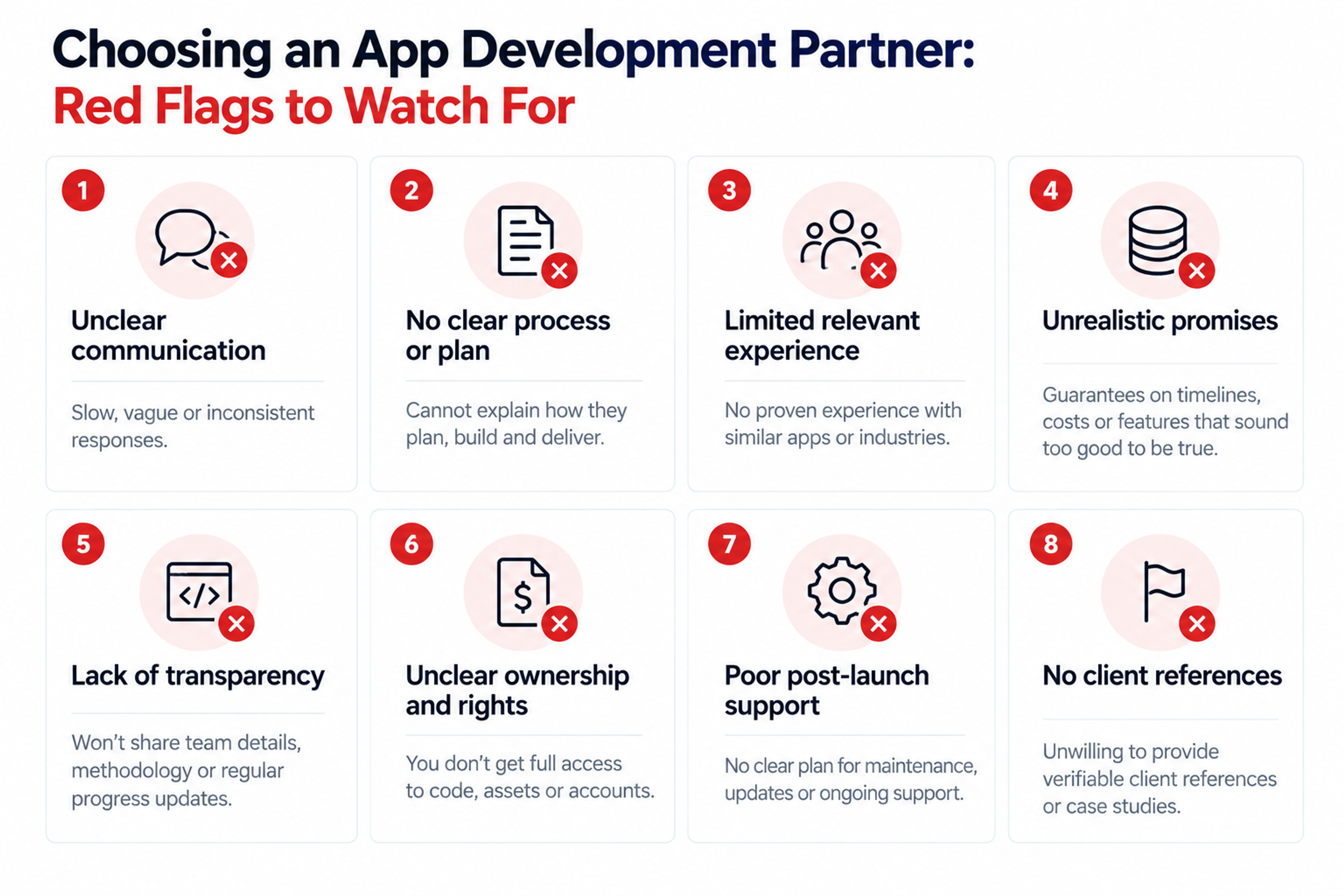 Infographic highlighting eight red flags when selecting an app development partner, from poor planning to unclear ownership and support.