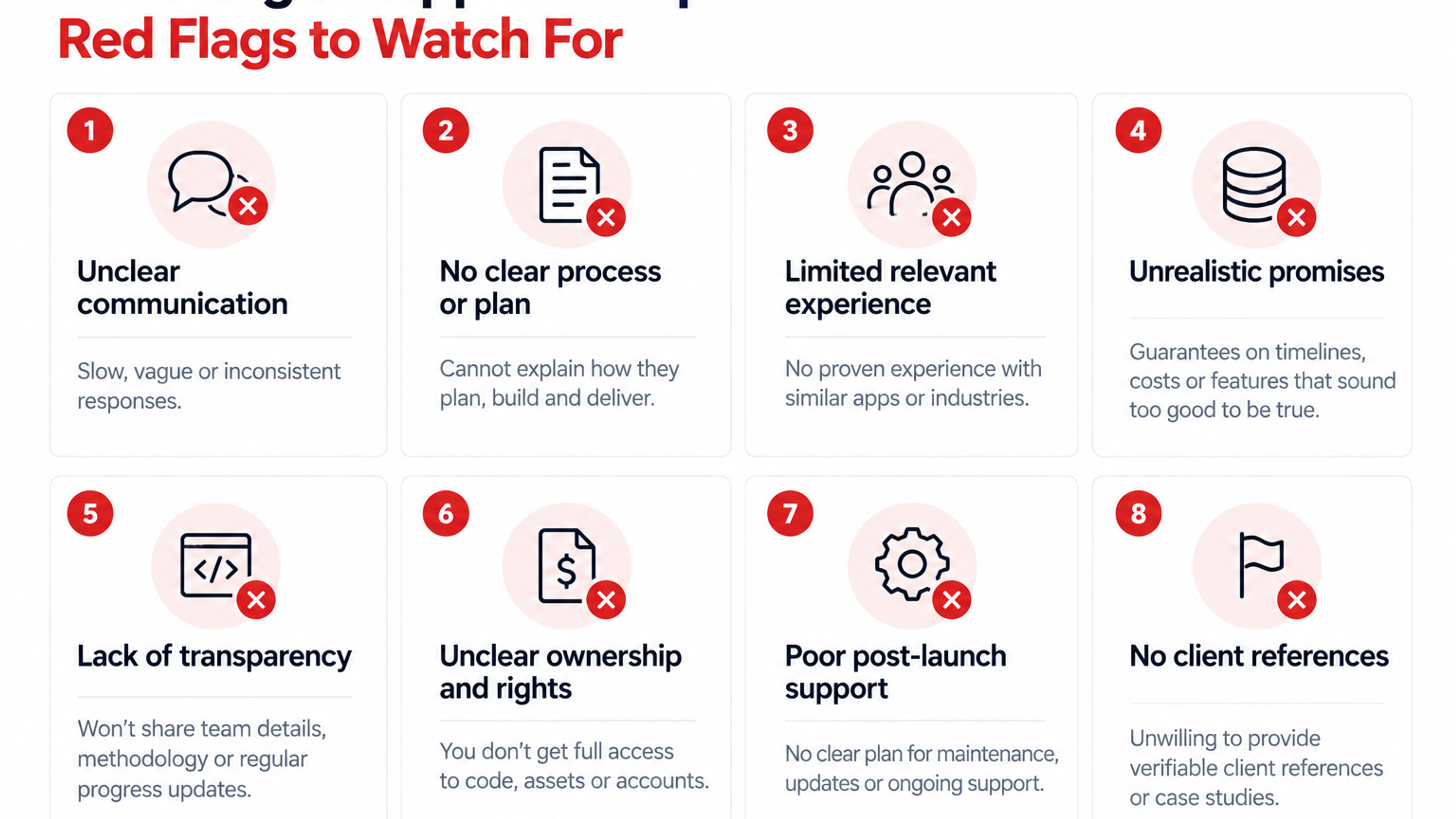 Infographic highlighting eight red flags when selecting an app development partner, from poor planning to unclear ownership and support.
