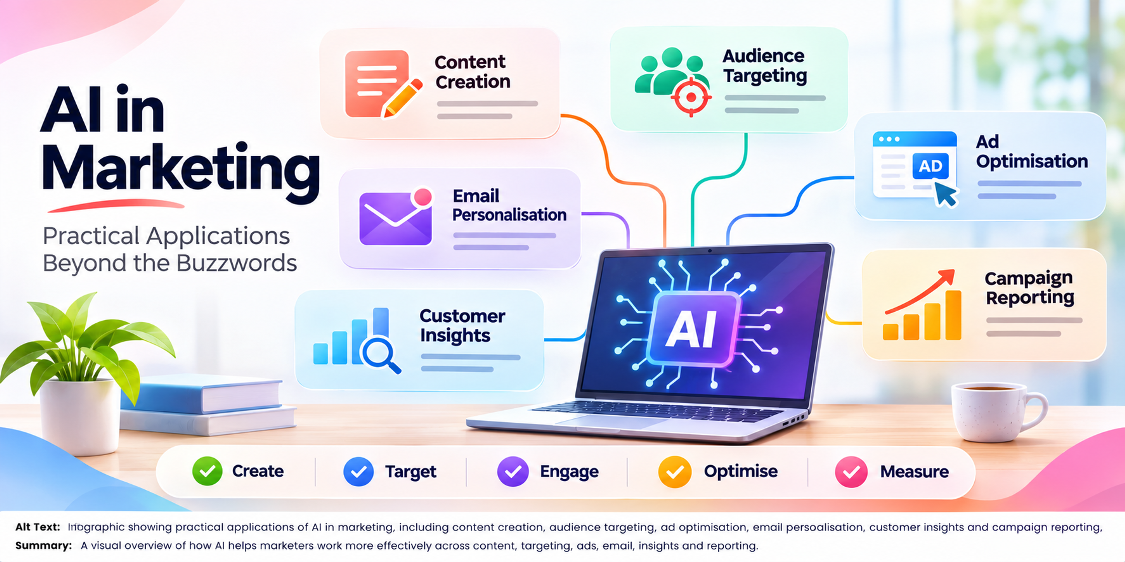 Colourful AI marketing infographic showing a central laptop connected to six applications: content creation, audience targeting, ad optimisation, email personalisation, customer insights, and campaign reporting.