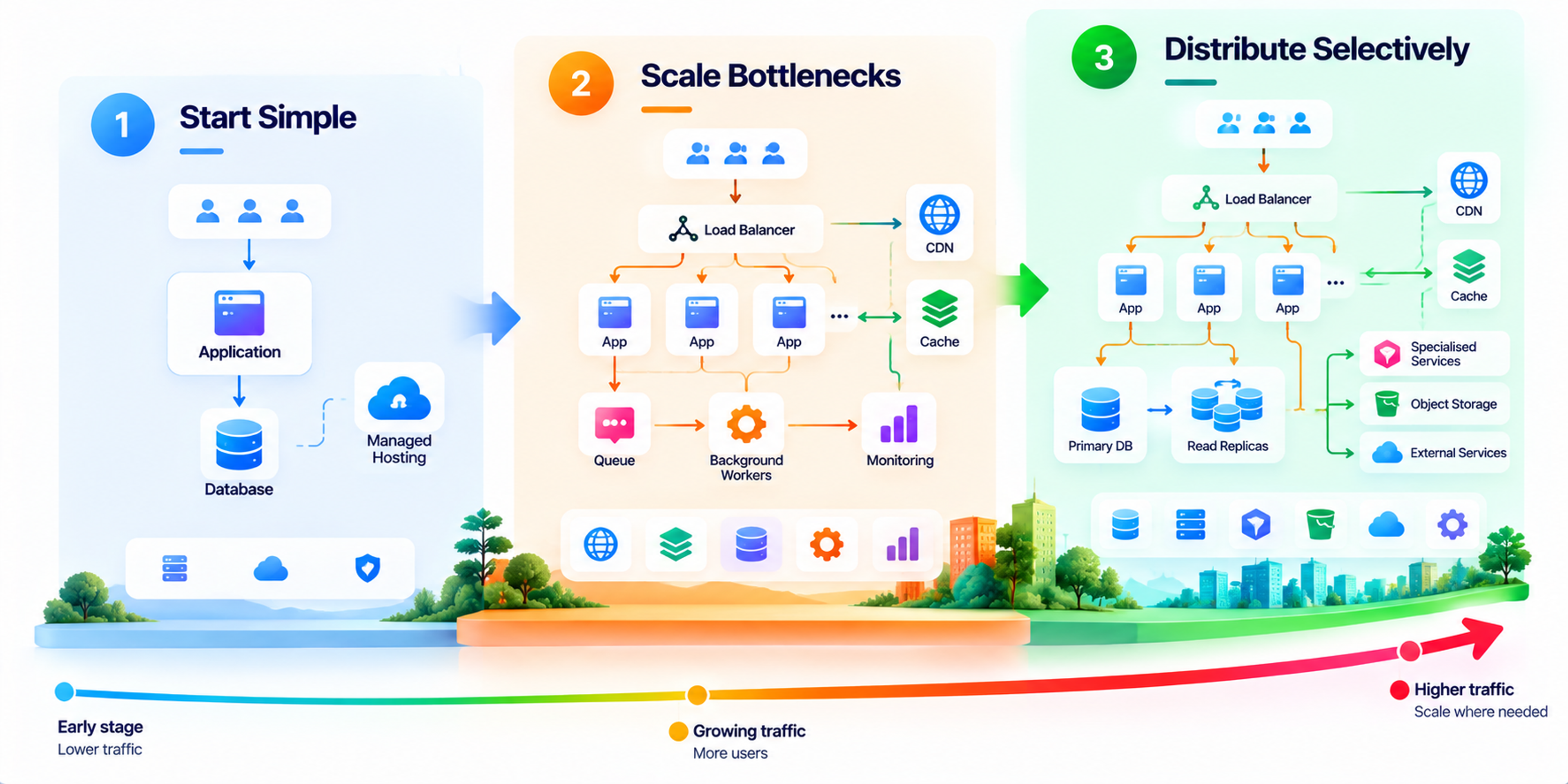 Colorful three-stage infrastructure scaling infographic showing Start Simple, Scale Bottlenecks, and Distribute Selectively, with application servers, databases, load balancers, CDN, caching, queues, monitoring, and read replicas.