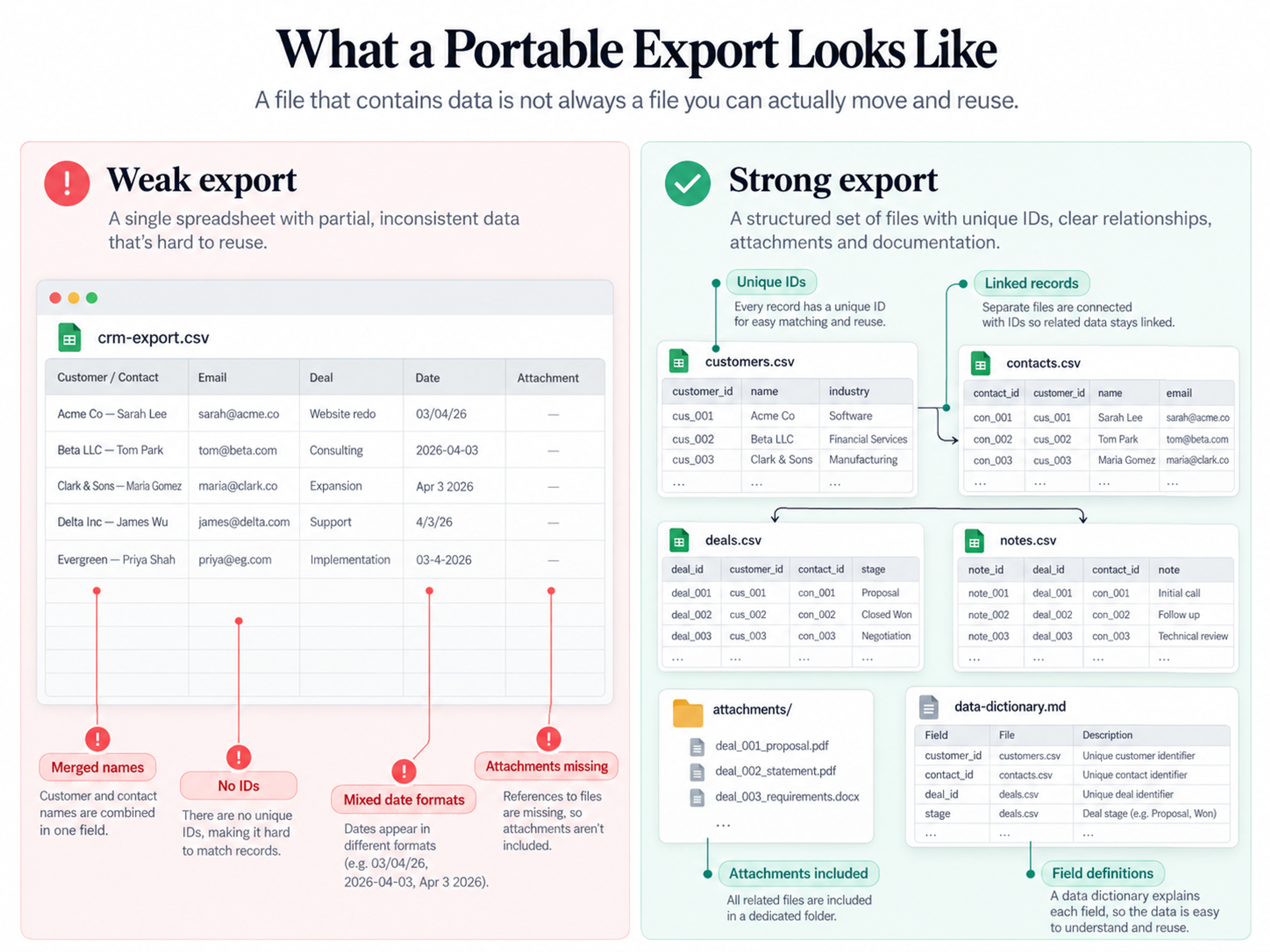 Good vs bad data export comparison