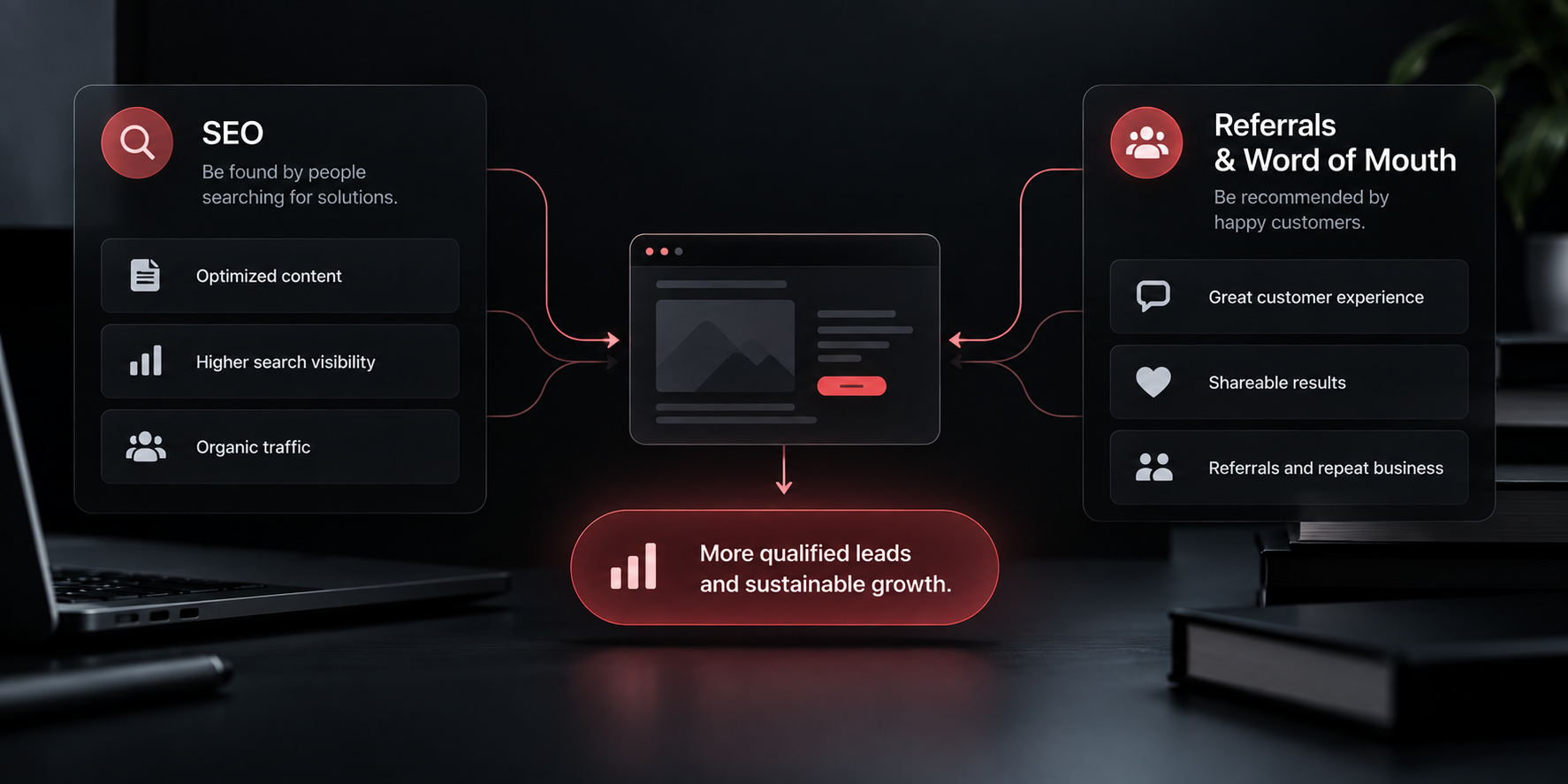 SEO and referral marketing working together to drive qualified leads through search visibility, customer recommendations, and repeat business.