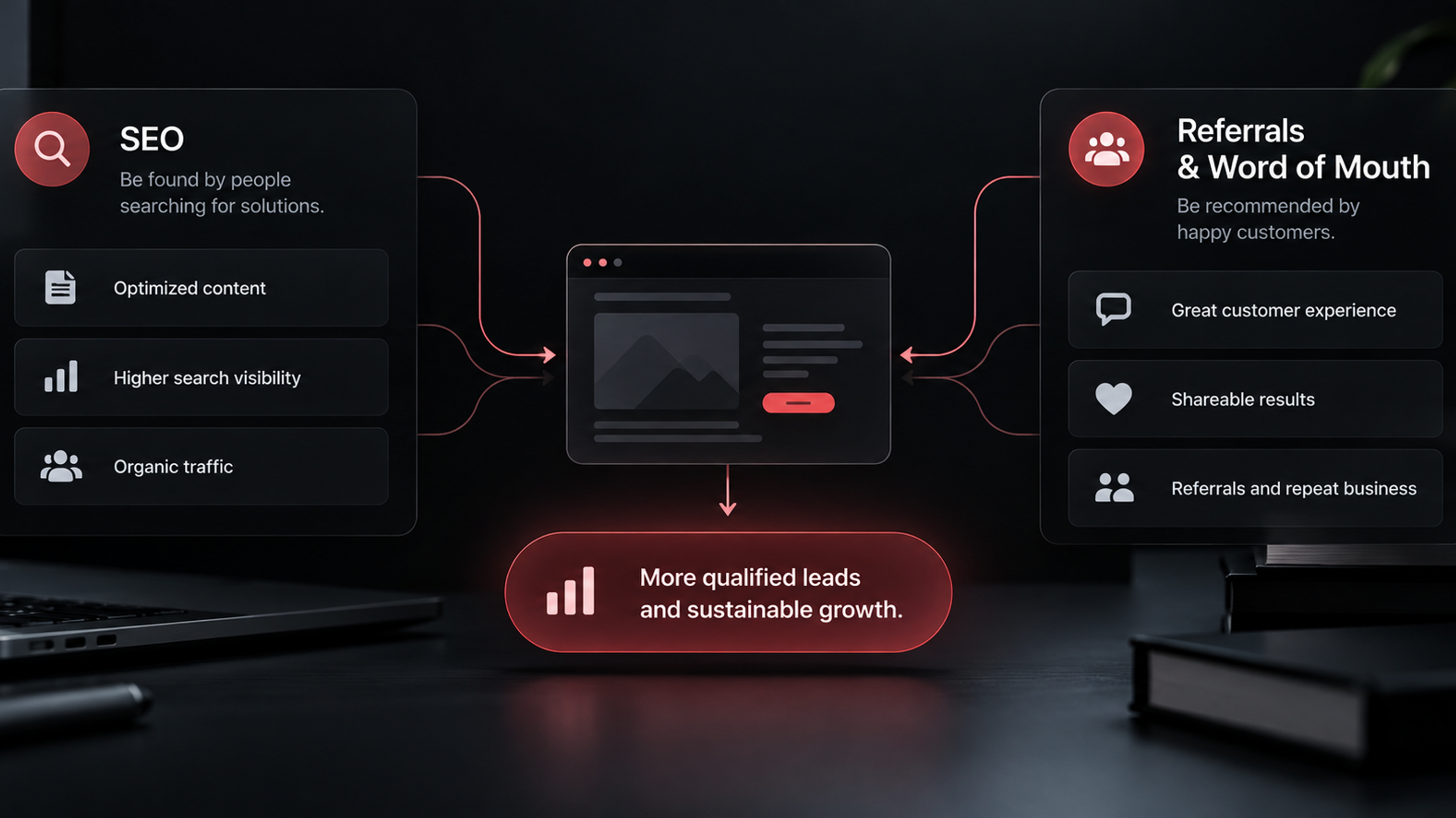 SEO and referral marketing working together to drive qualified leads through search visibility, customer recommendations, and repeat business.