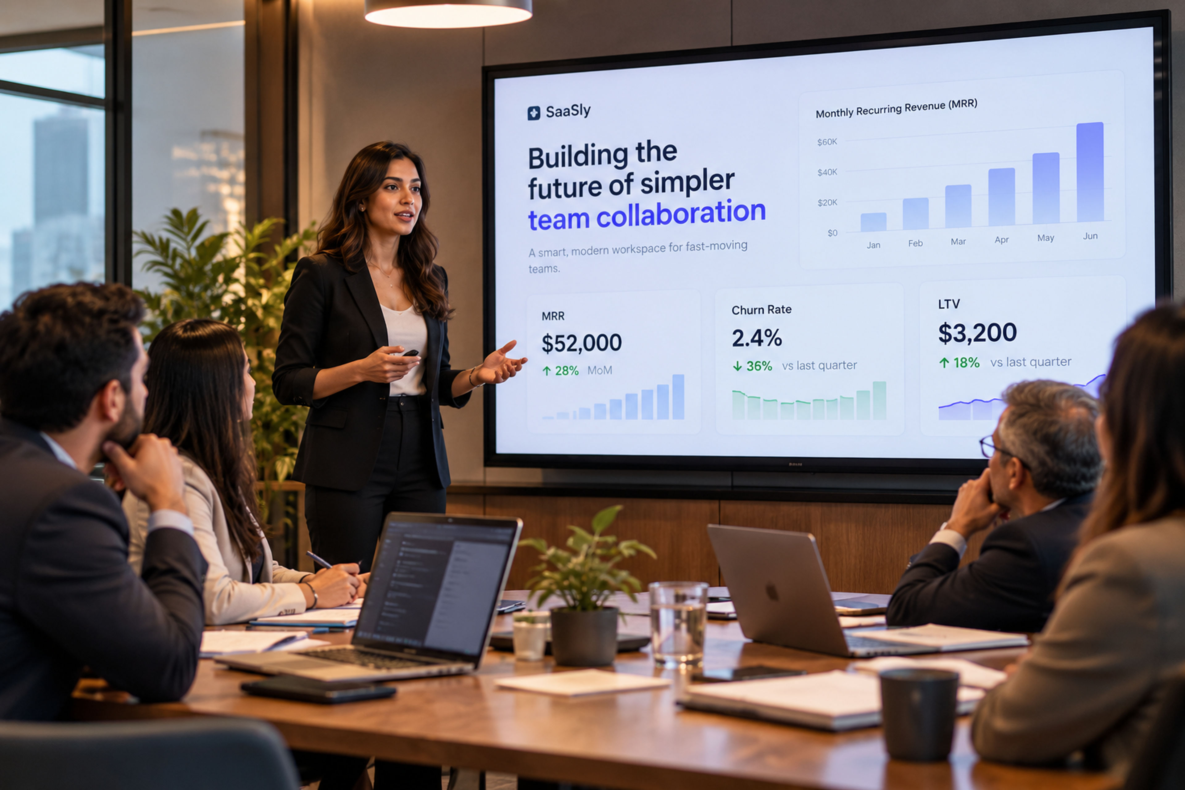 Founder presenting SaaS MVP metrics to investors in a modern boardroom.
