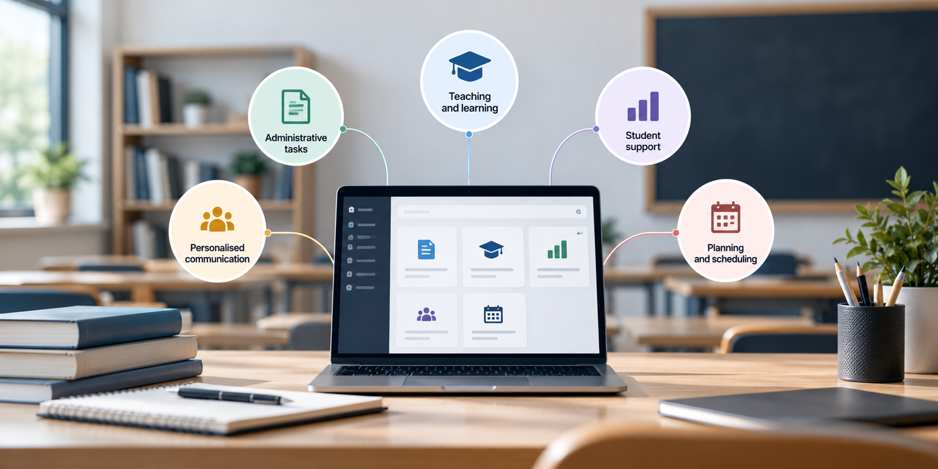 Education-focused AI workflow visual showing teachers, administrators, and students using simple AI-assisted tools for planning, communication, support, and routine school tasks.