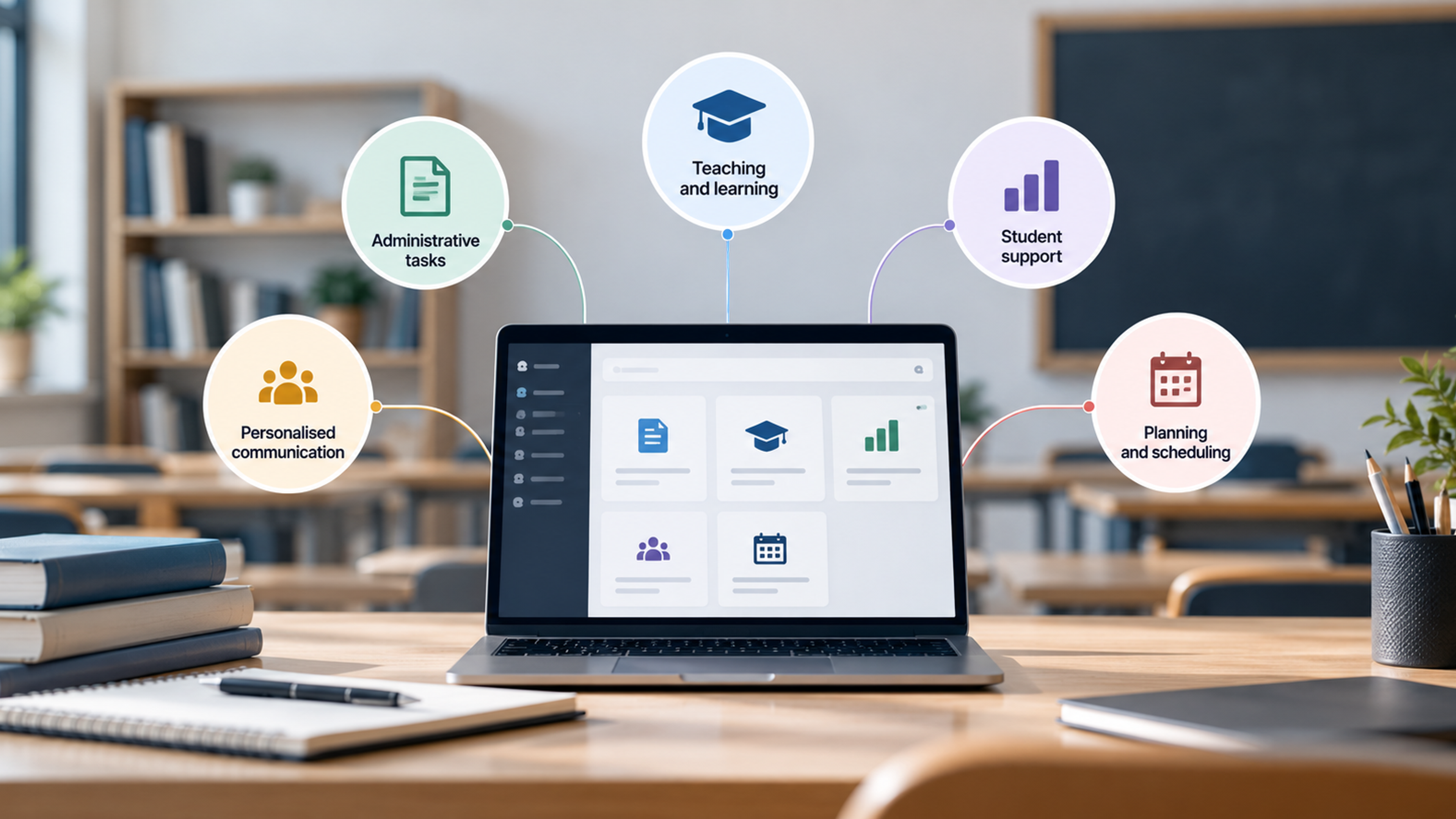 Education-focused AI workflow visual showing teachers, administrators, and students using simple AI-assisted tools for planning, communication, support, and routine school tasks.