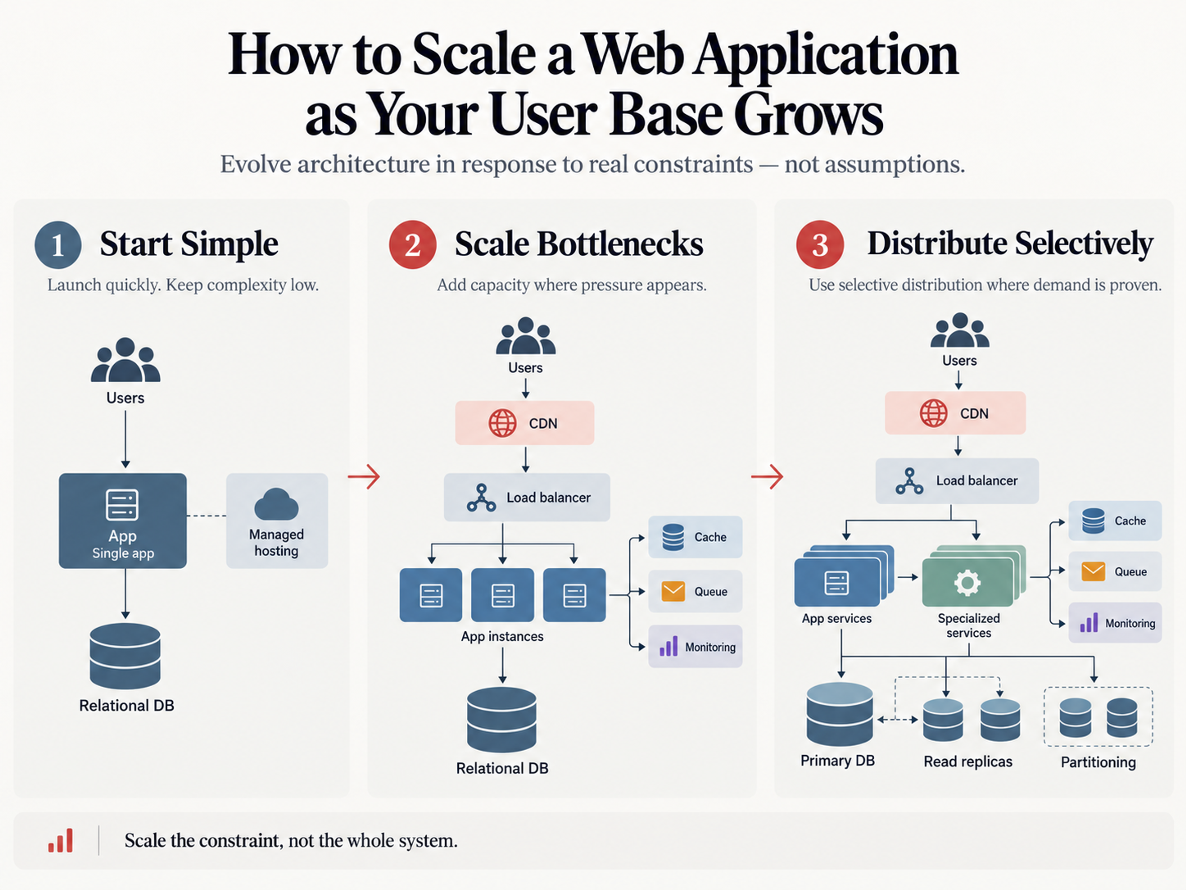 Infographic illustrating three stages of web application scaling: Start Simple, Scale Bottlenecks, and Distribute Selectively, with architecture diagrams.