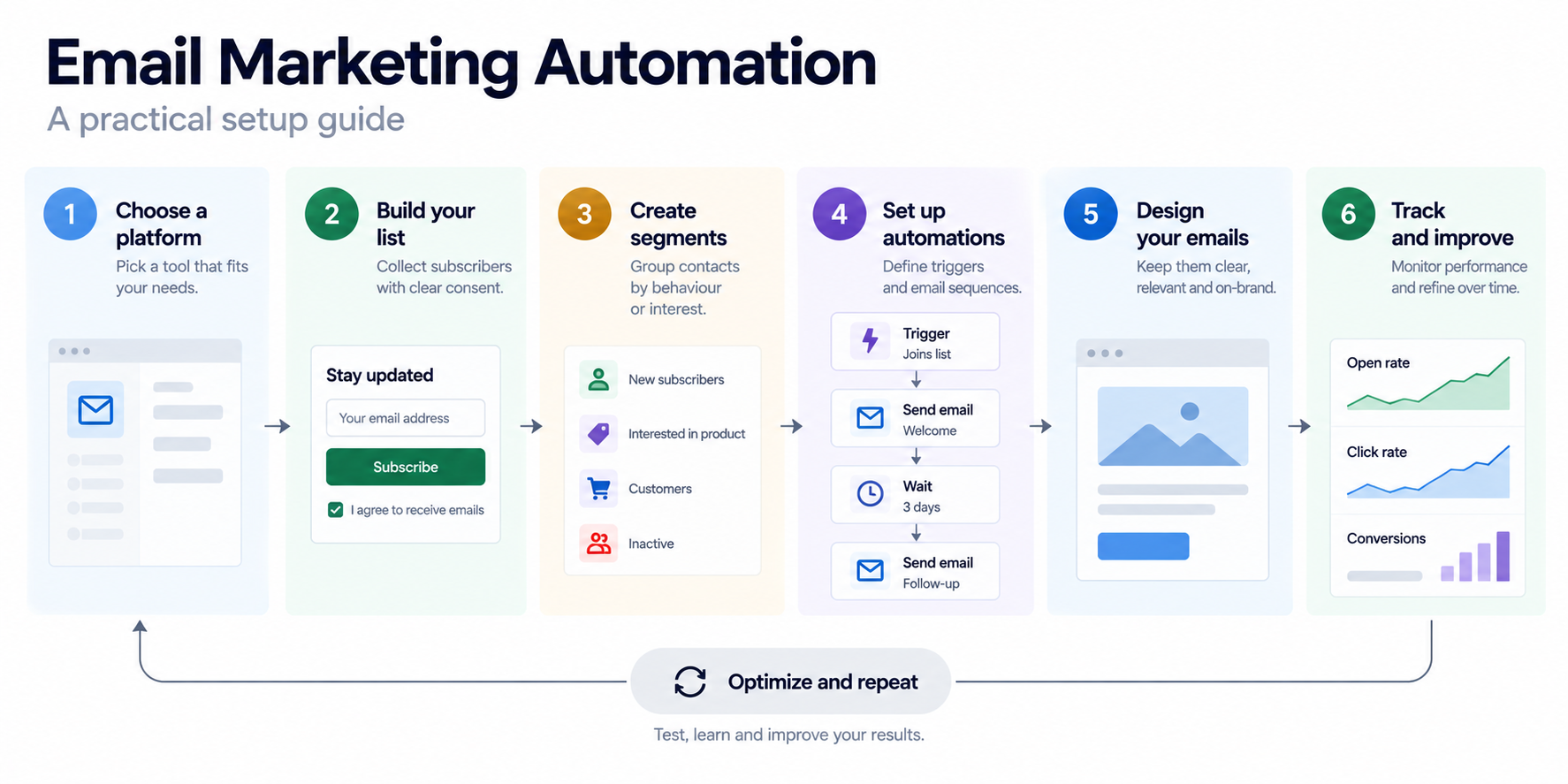 Six-step email marketing automation infographic showing list building, segmentation, automated emails, and performance tracking.