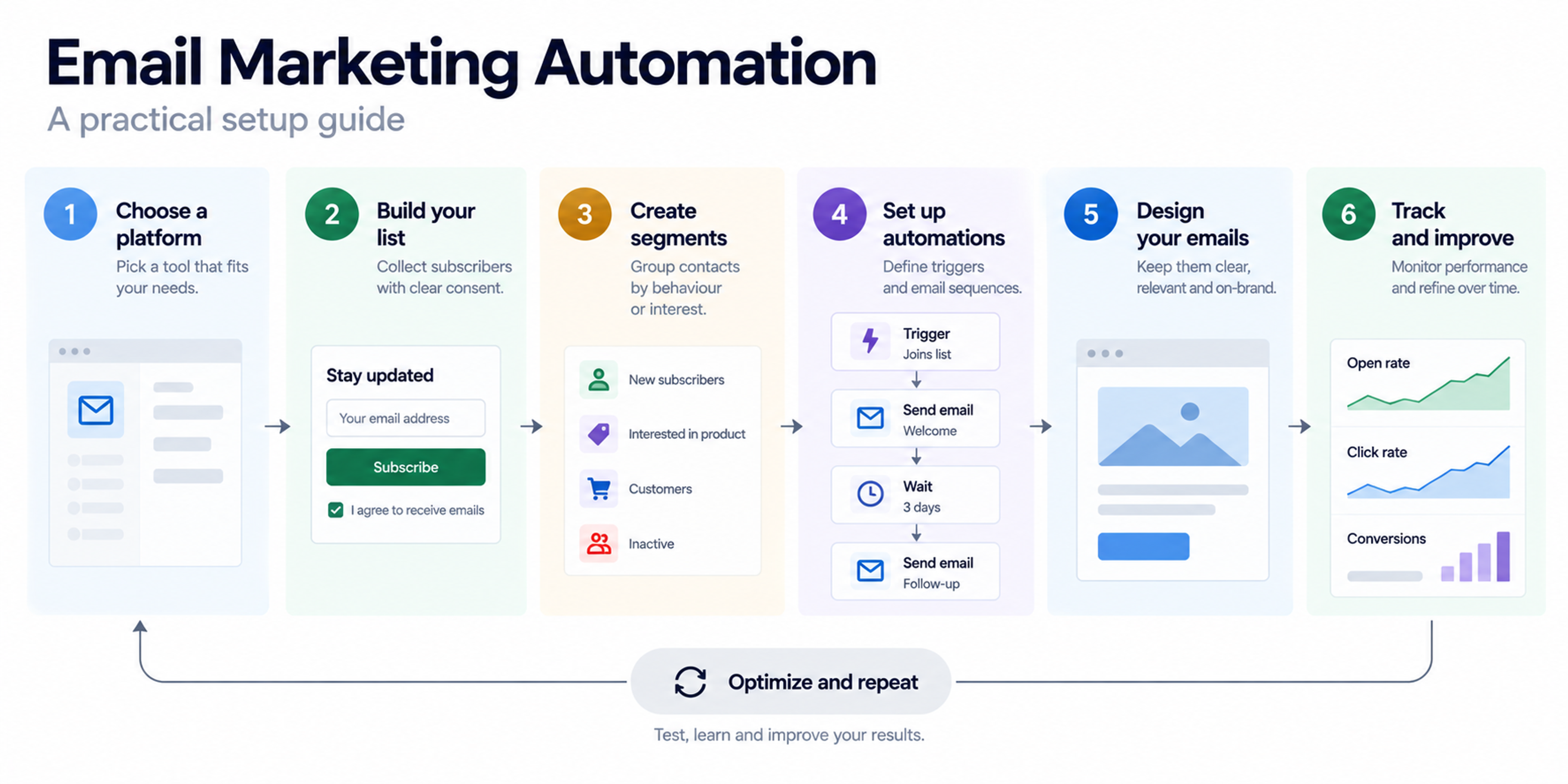 Six-step email marketing automation infographic showing list building, segmentation, automated emails, and performance tracking.