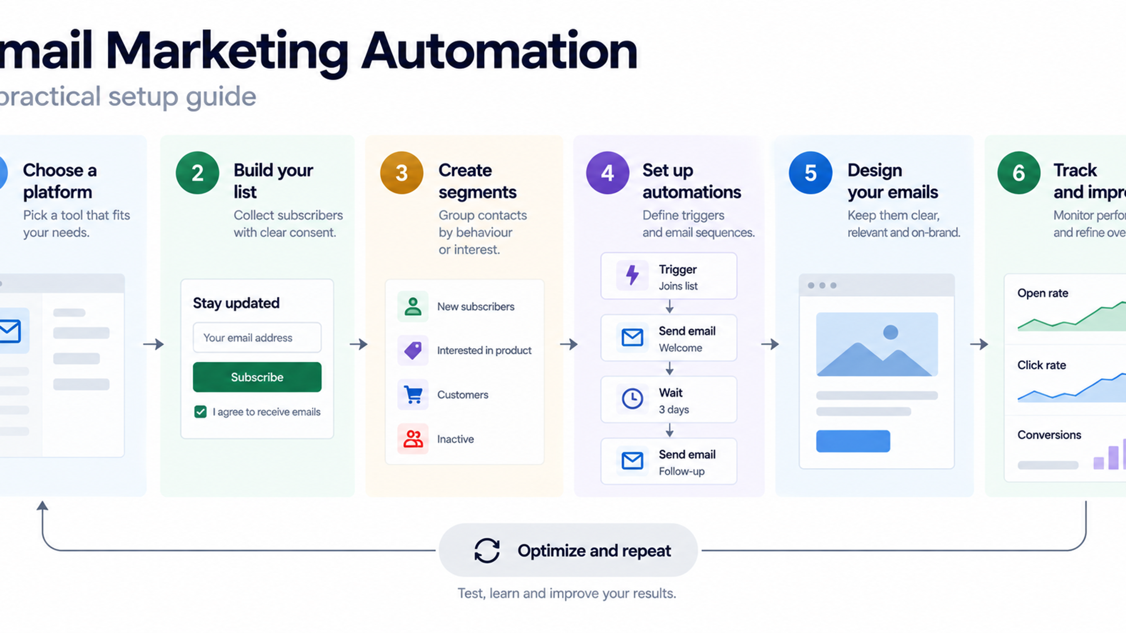 Six-step email marketing automation infographic showing list building, segmentation, automated emails, and performance tracking.