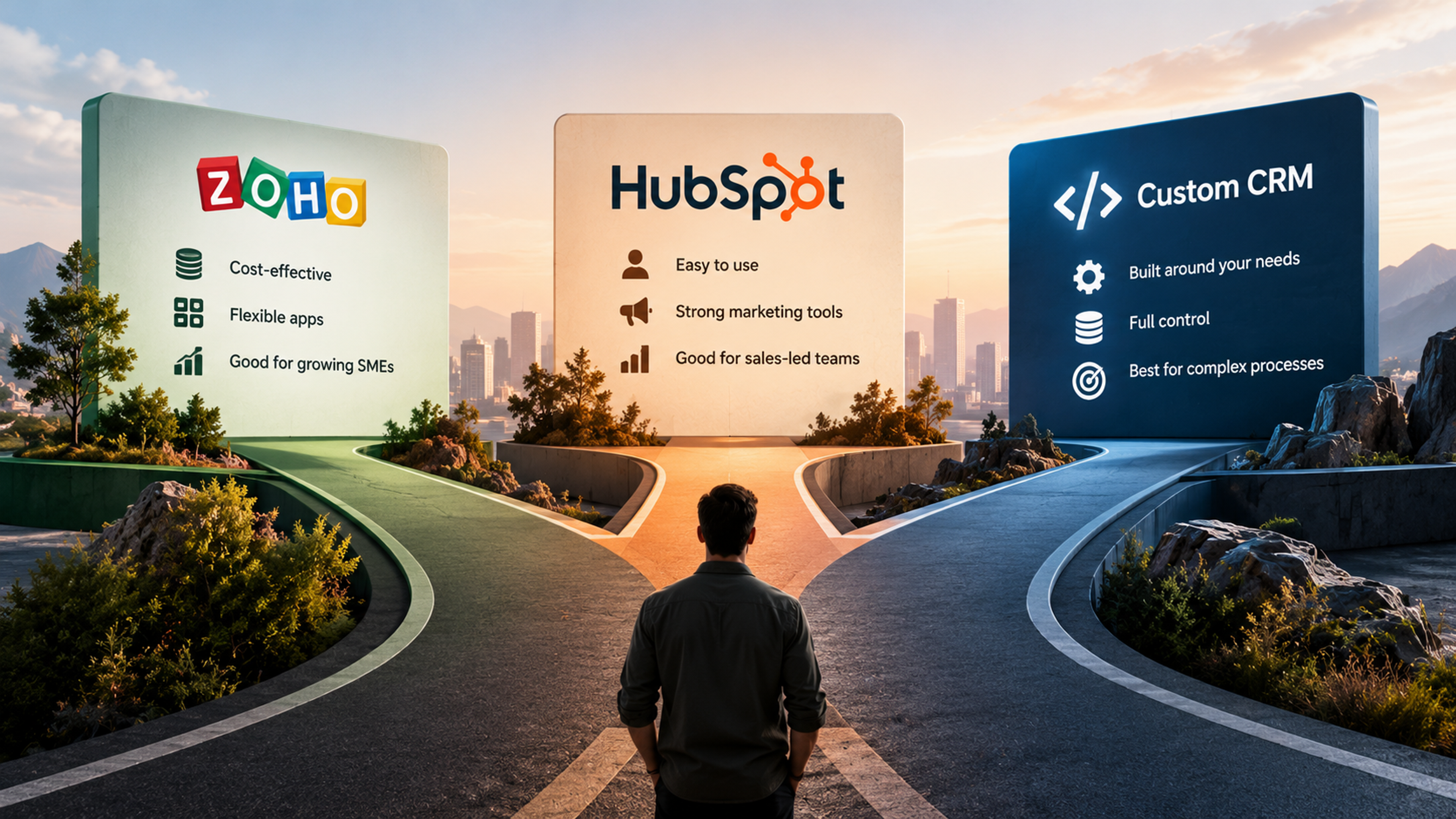 Three-way road illustration comparing Zoho, HubSpot, and Custom CRM, highlighting their key benefits and suitability for different business requirements.