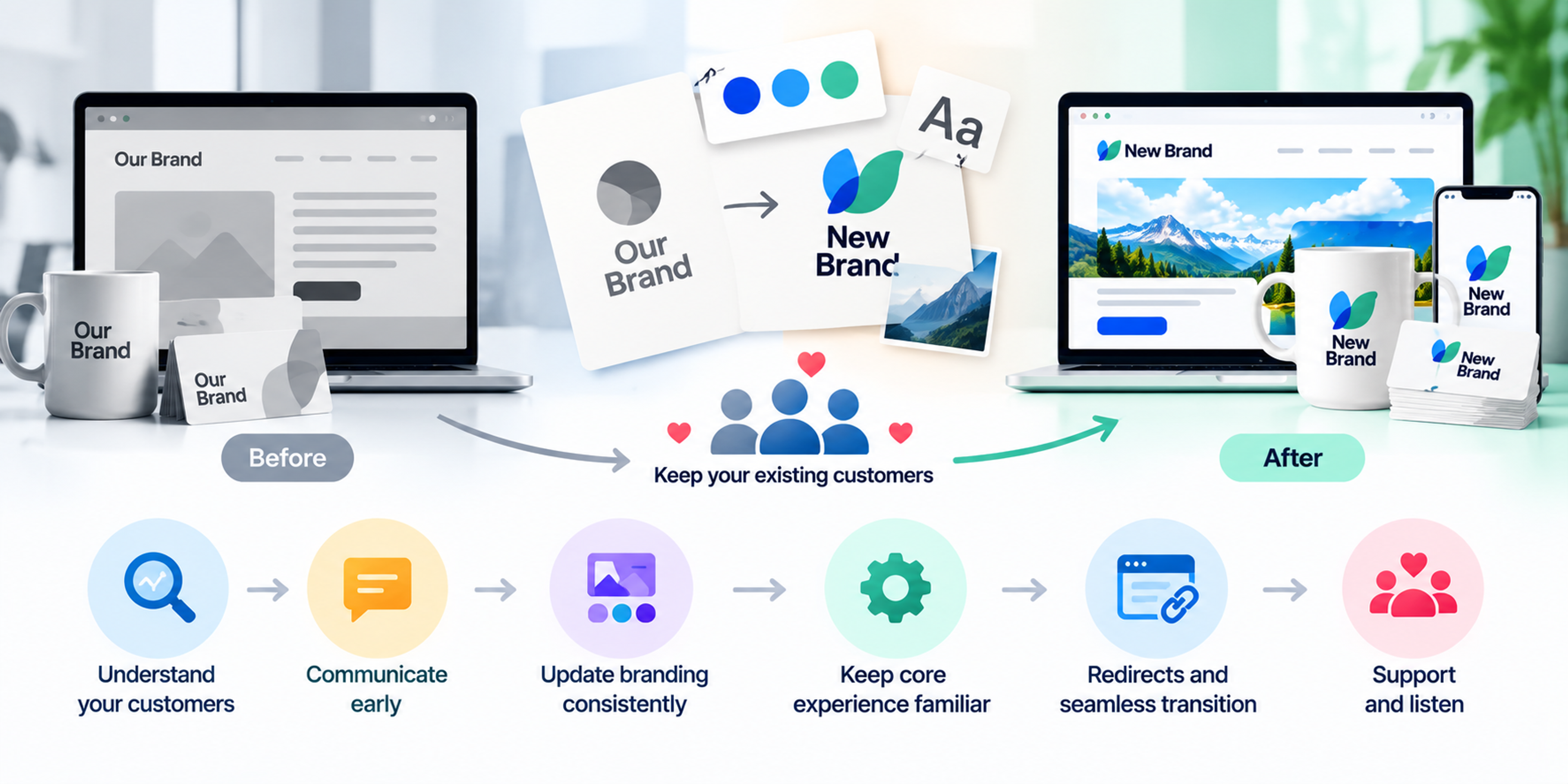 A visual guide to rebranding a business while retaining existing customers, highlighting clear communication, consistent branding, familiar customer experiences, seamless transitions, and ongoing support.