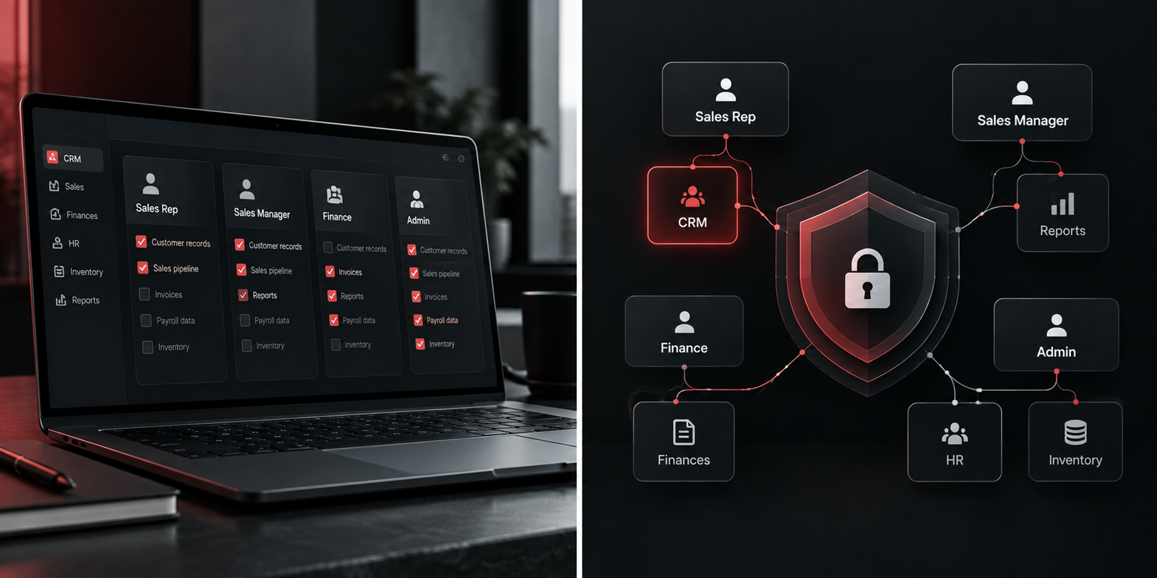 CRM and ERP role-based access control showing Sales Rep, Sales Manager, Finance, and Admin with different permissions across customer, sales, finance, HR, and inventory data.