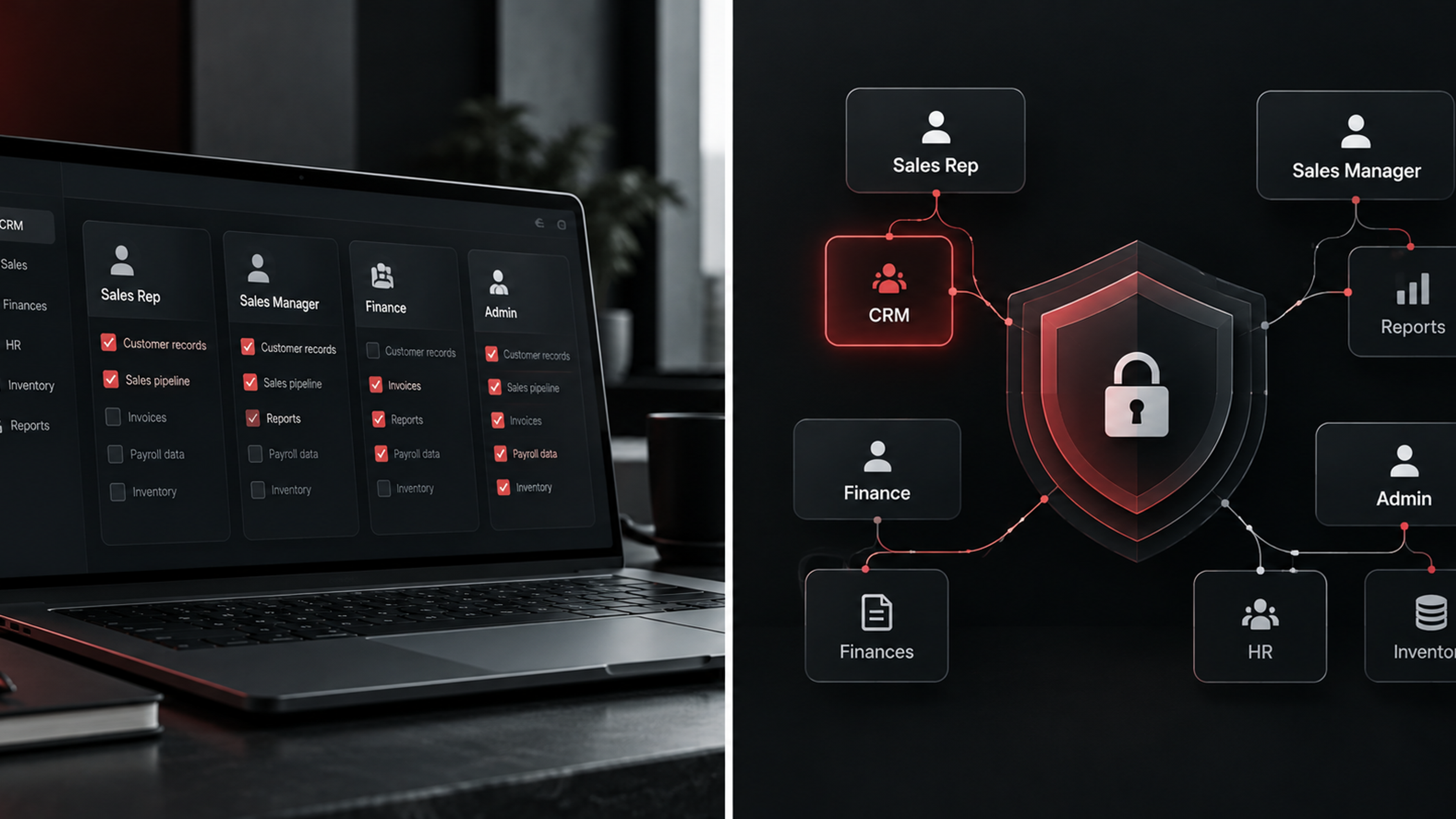 CRM and ERP role-based access control showing Sales Rep, Sales Manager, Finance, and Admin with different permissions across customer, sales, finance, HR, and inventory data.