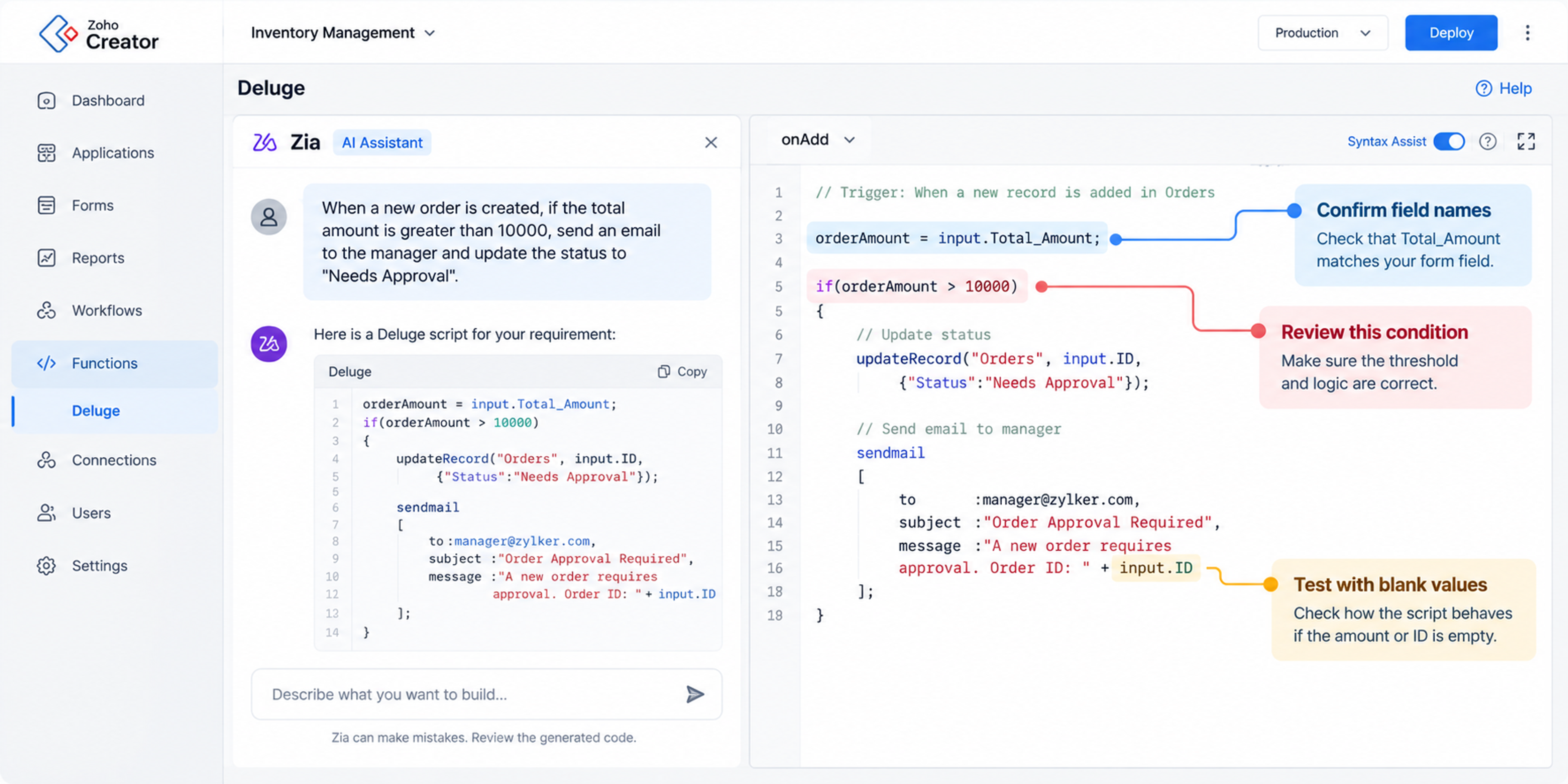 Zoho creator zia deluge script generation