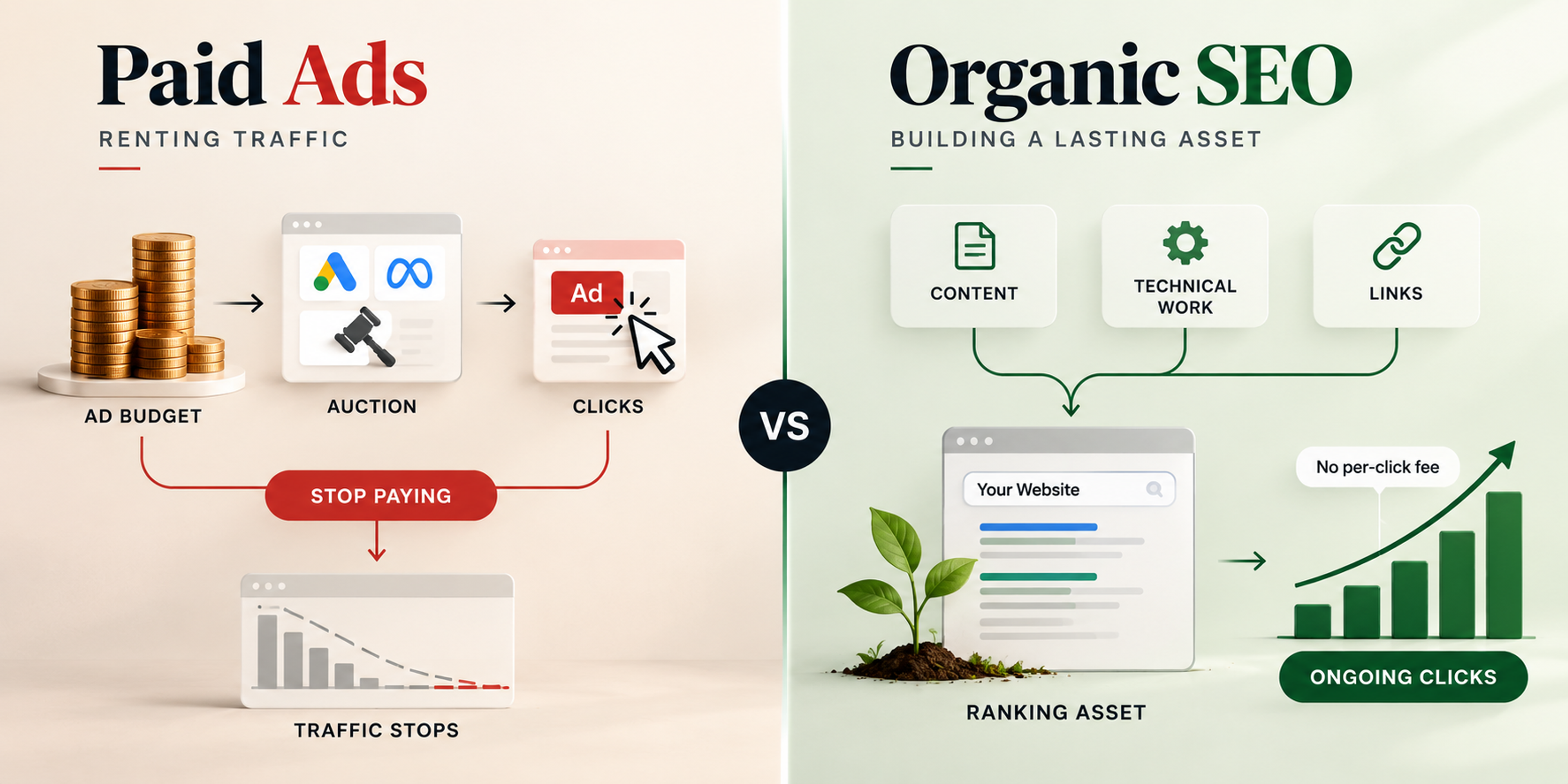 Paid ads vs seo renting vs building diagram