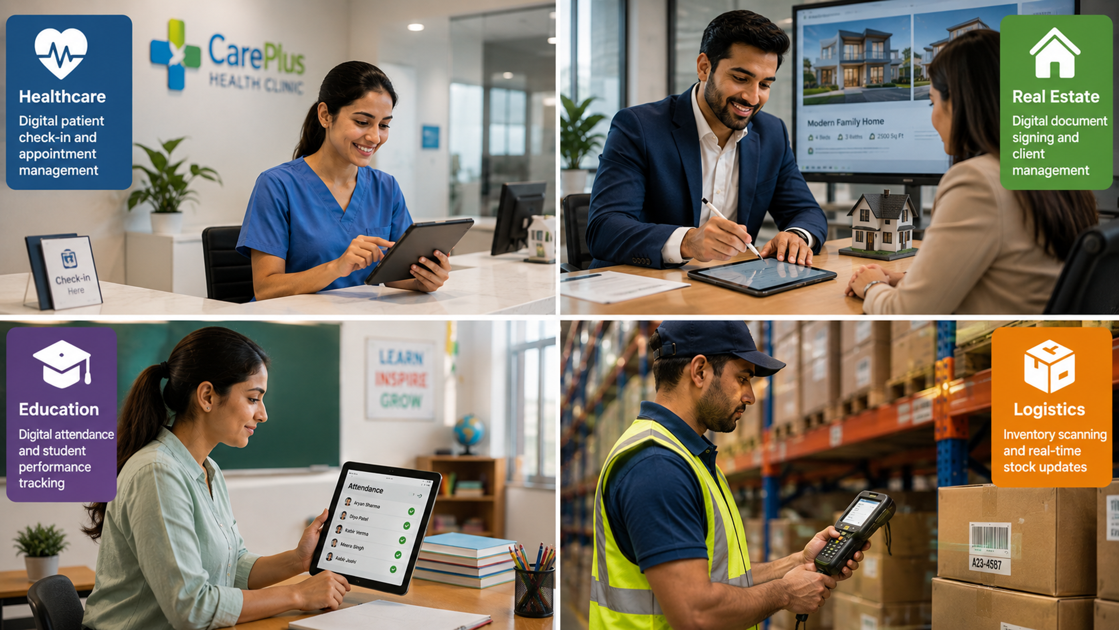 Four-panel image showing digital workflows across industries: a healthcare receptionist using a tablet, a real estate professional digitally signing documents, a teacher reviewing digital attendance, and a warehouse worker scanning inventory with a handheld device.