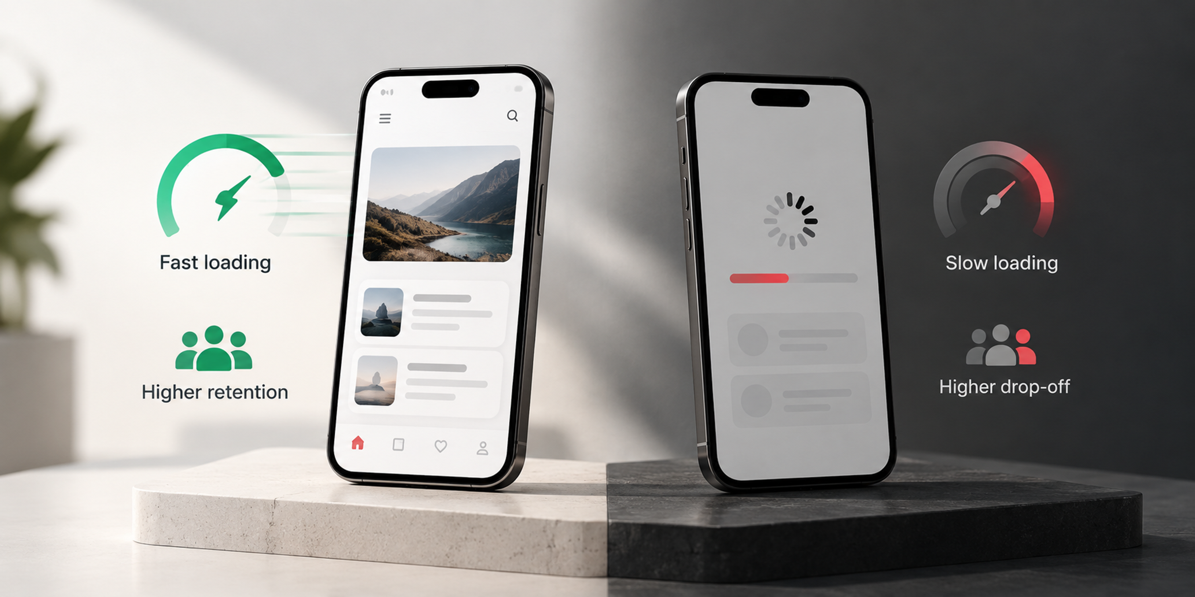 Side-by-side mobile apps showing fast loading with higher retention versus slow loading with higher user drop-off.