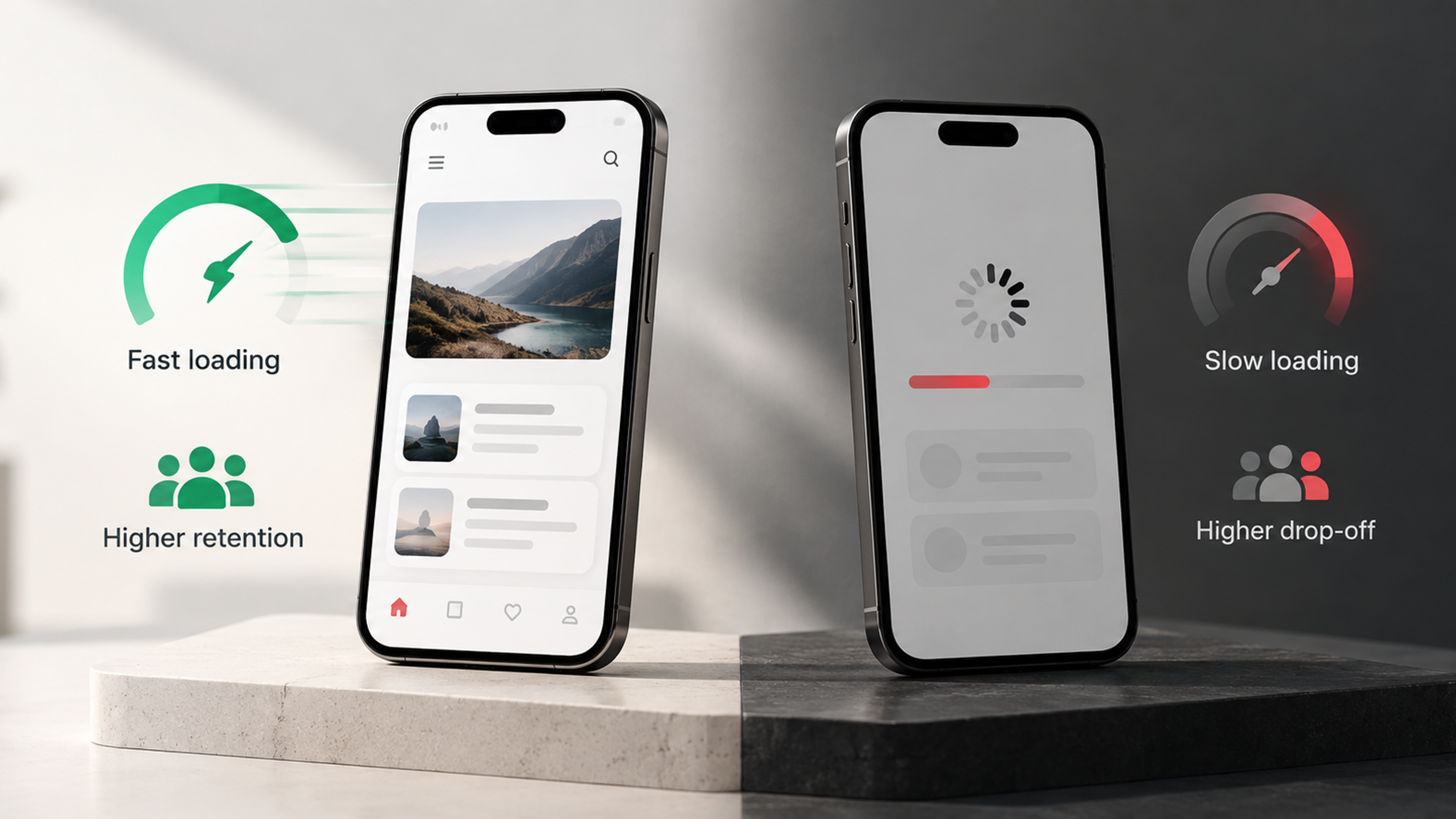 Side-by-side mobile apps showing fast loading with higher retention versus slow loading with higher user drop-off.