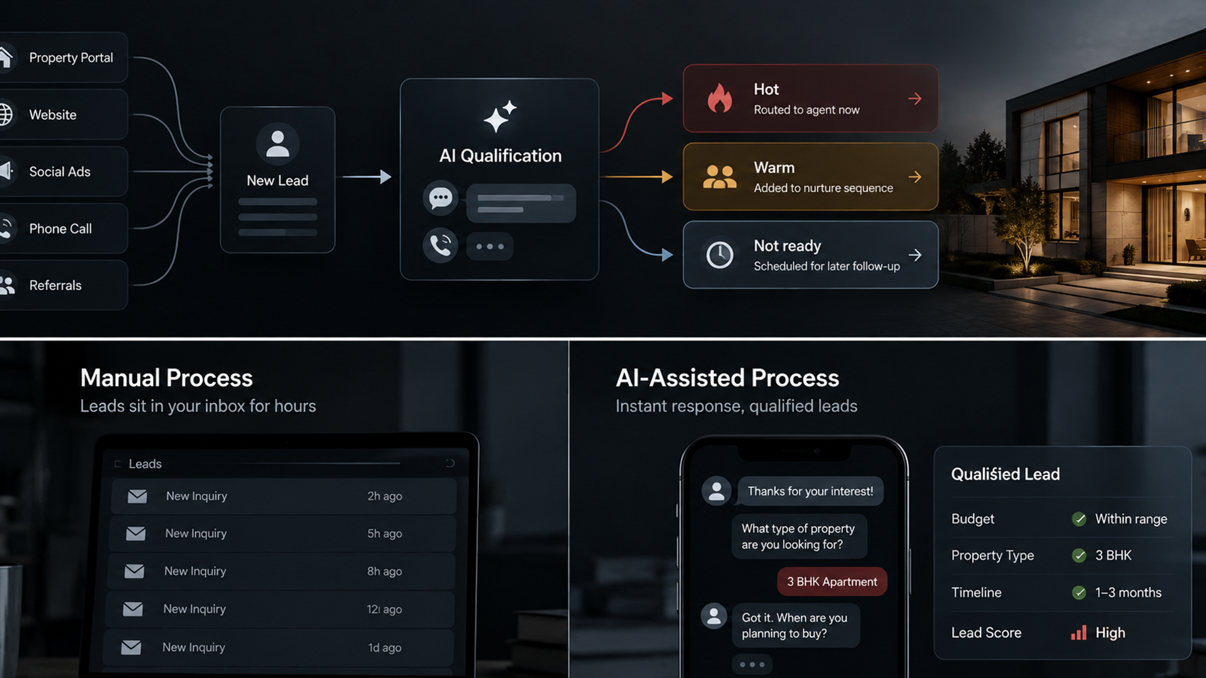 AI-powered real estate lead qualification showing inquiries from multiple channels being scored and routed as hot, warm, or not ready.
