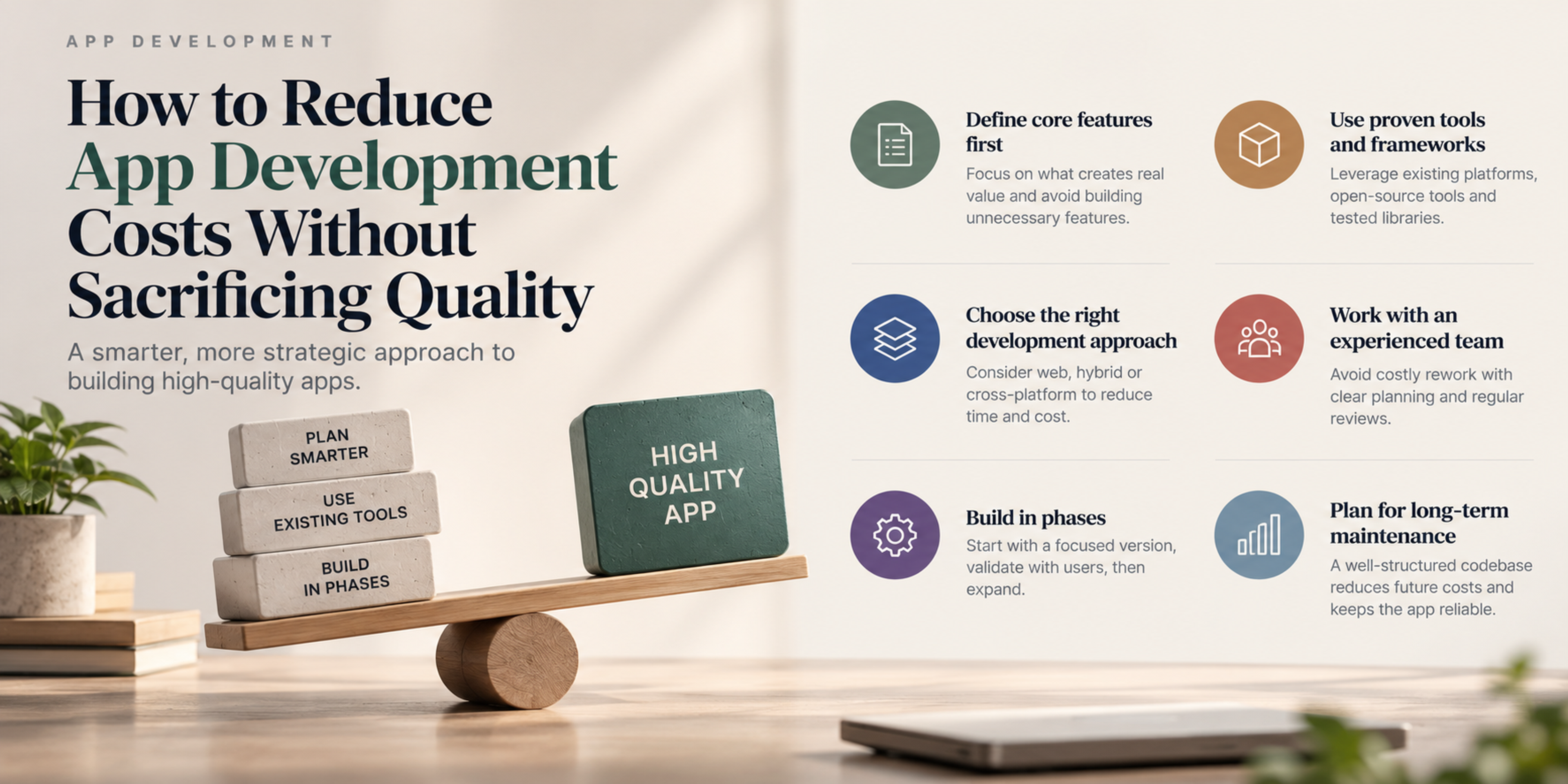 App development cost reduction infographic featuring a balance scale and six strategies for building high-quality apps efficiently and affordably.