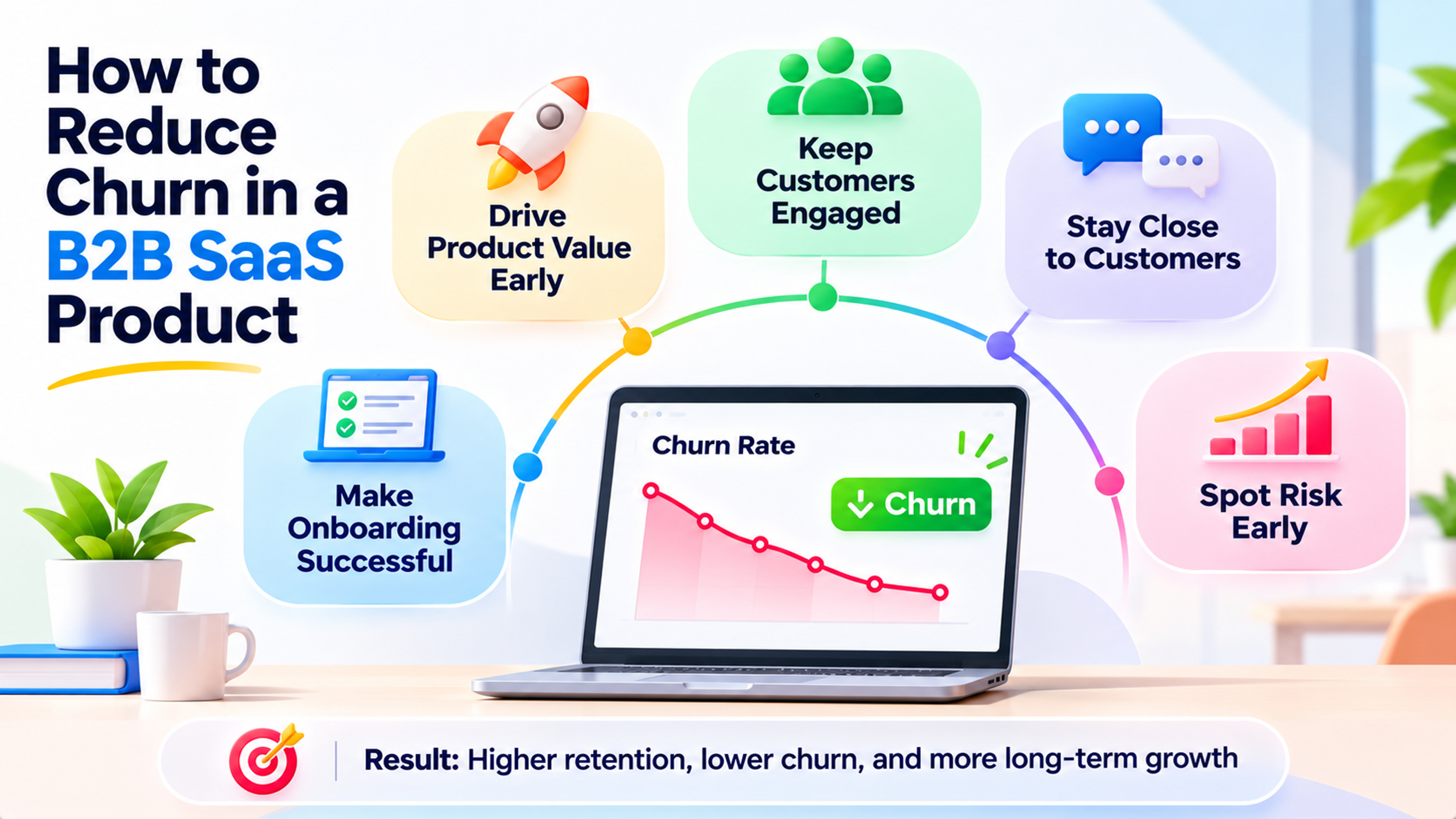 Colourful B2B SaaS infographic showing a declining churn-rate chart surrounded by five customer retention strategies: successful onboarding, early product value, customer engagement, communication, and churn-risk detection.