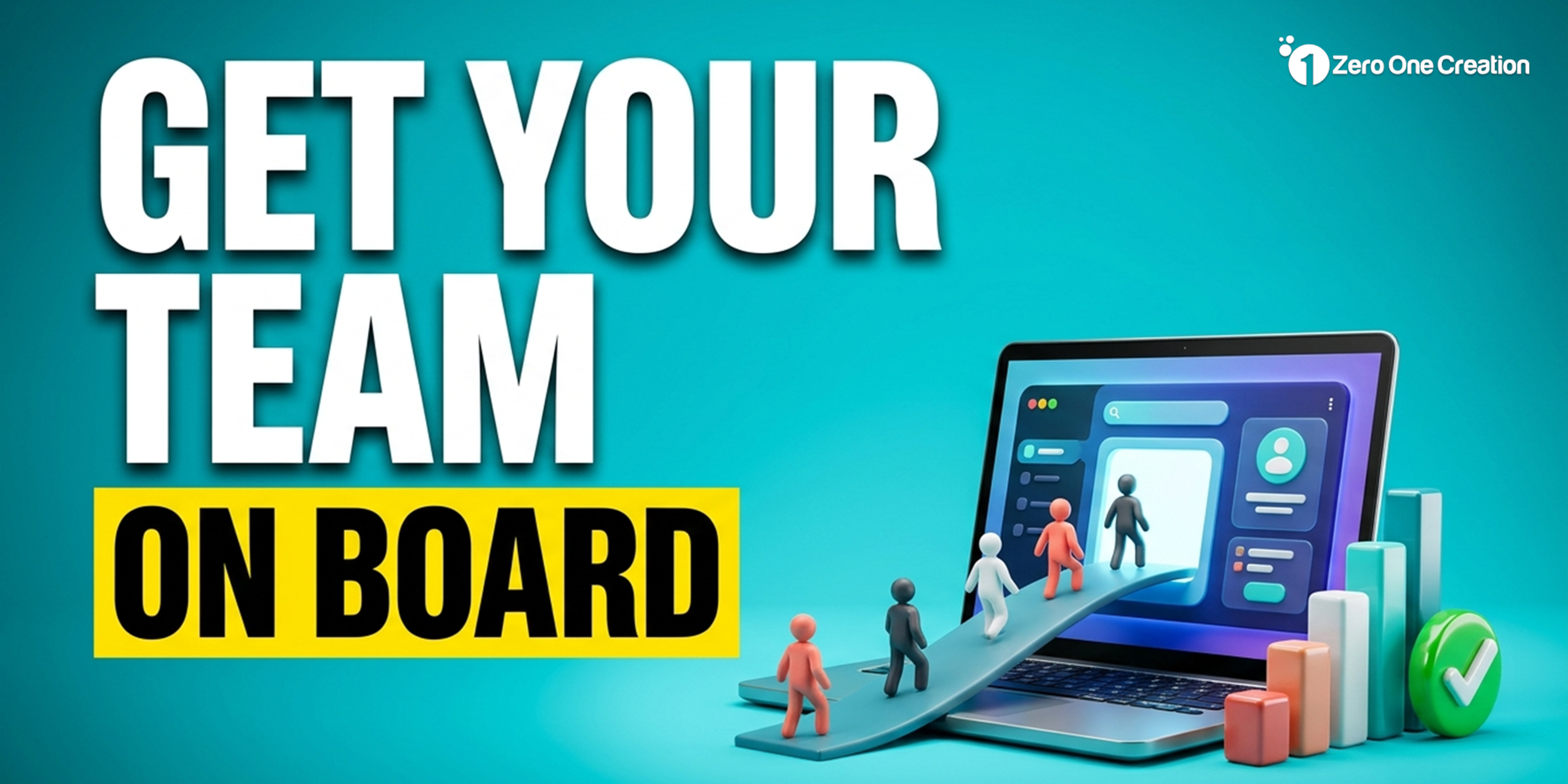 Headline "Get your team on board" with small team figurines walking up a ramp onto a laptop showing a new app, beside a rising adoption chart and a green checkmark.