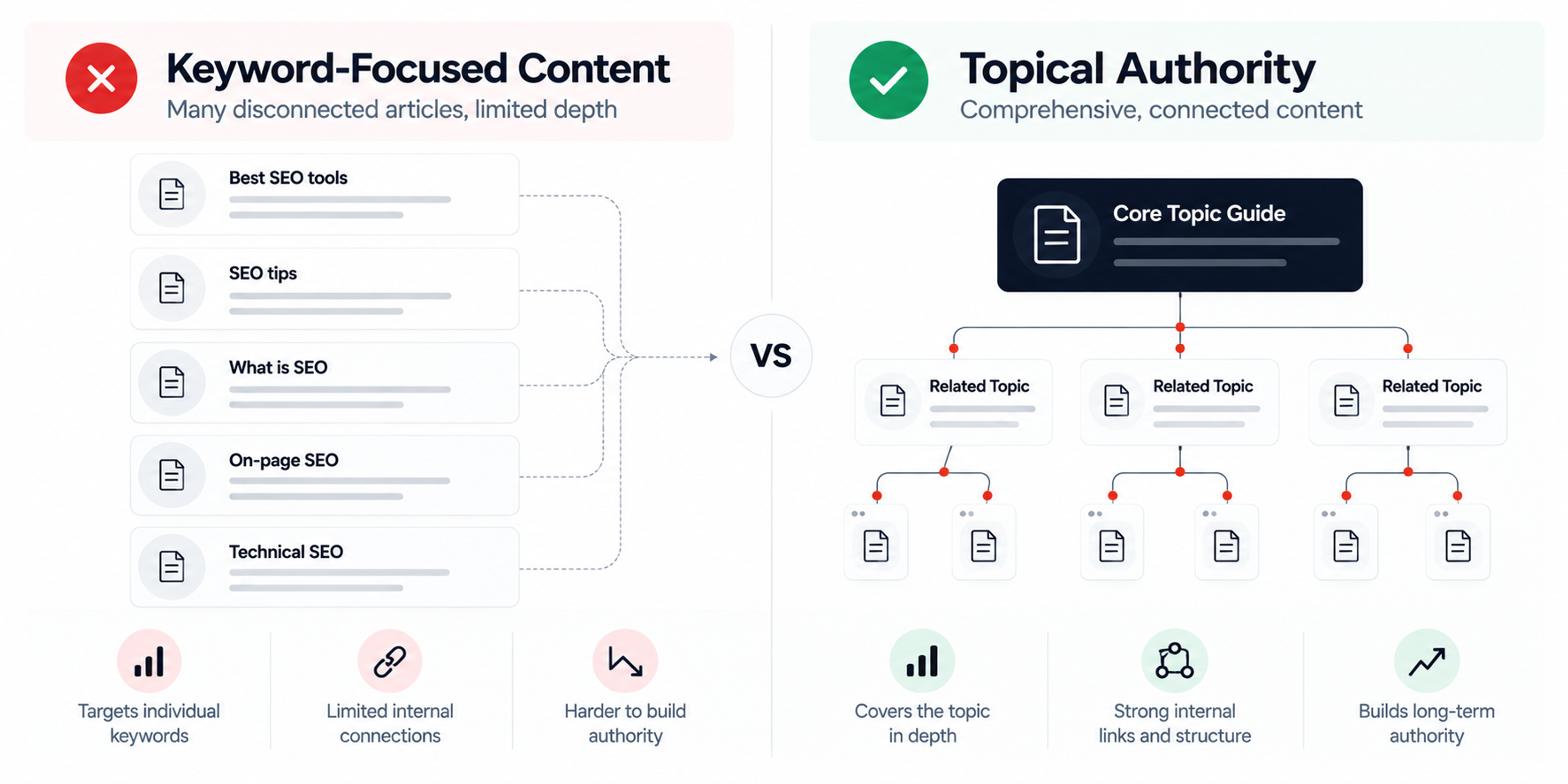 Infographic comparing disconnected keyword-focused articles with a structured topical authority content strategy.