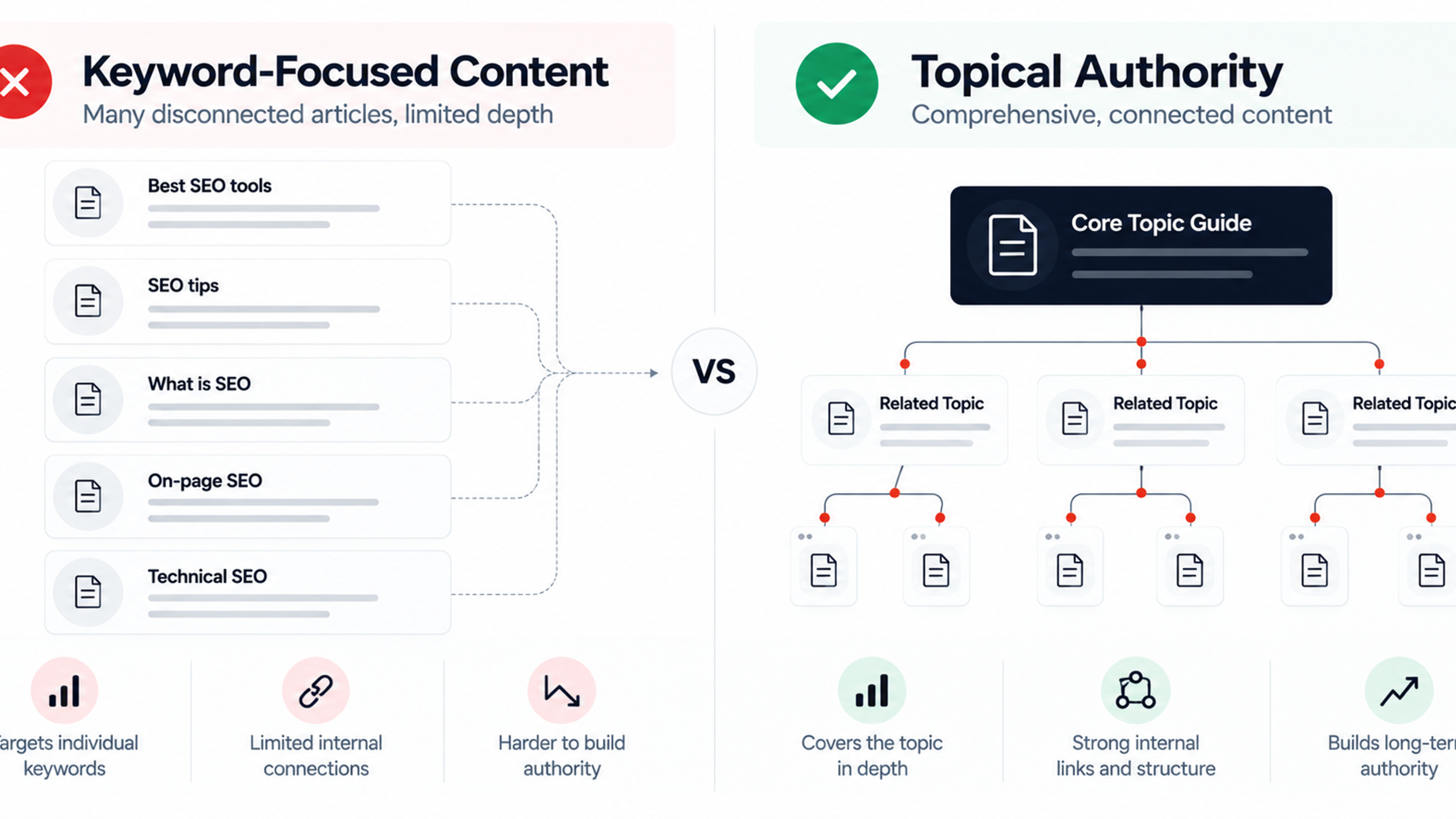 Infographic comparing disconnected keyword-focused articles with a structured topical authority content strategy.
