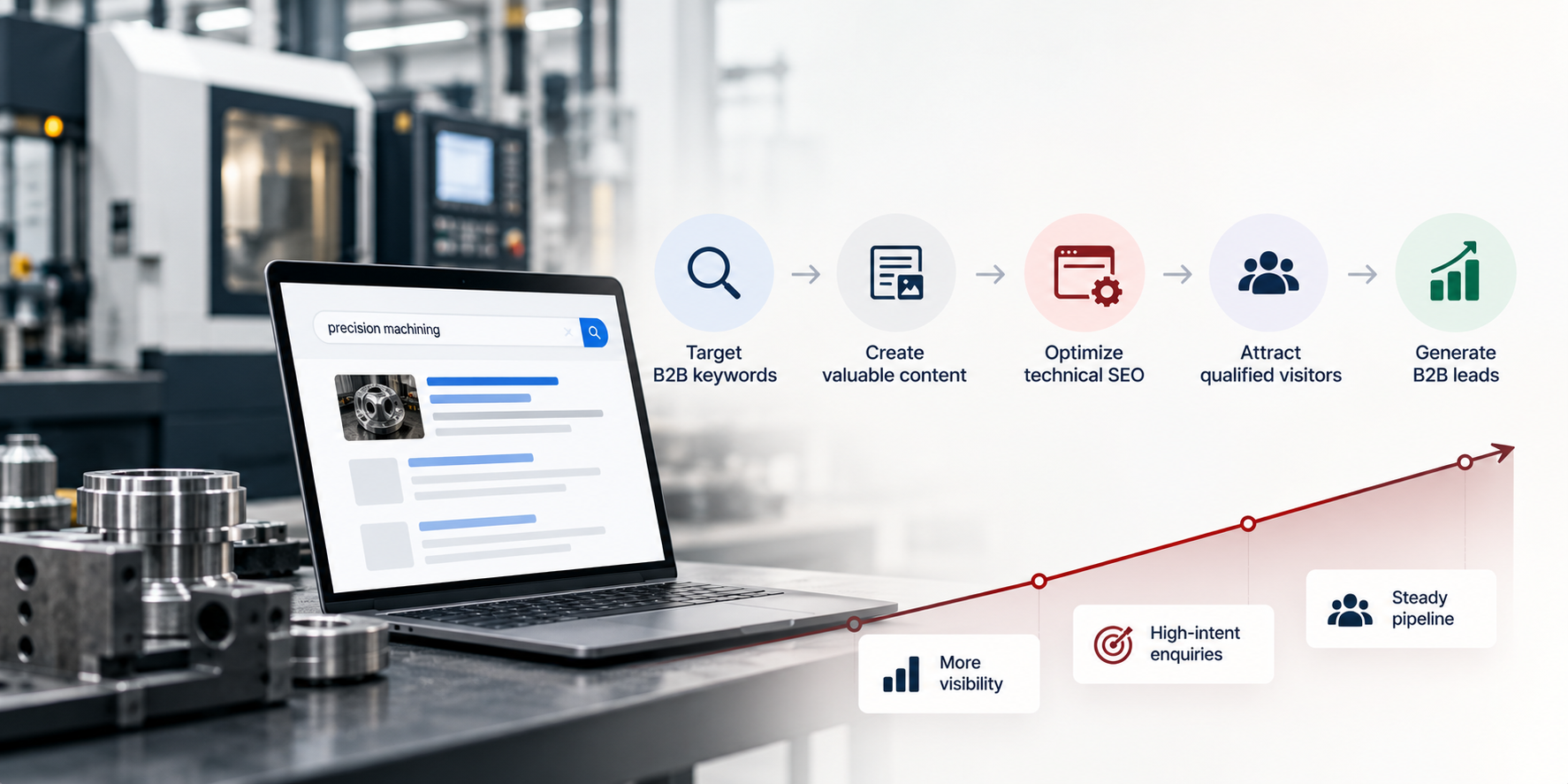 Professional infographic-style illustration about manufacturing SEO, showing a factory-focused digital marketing workflow with search visibility, website optimization, content strategy, and B2B lead generation elements.