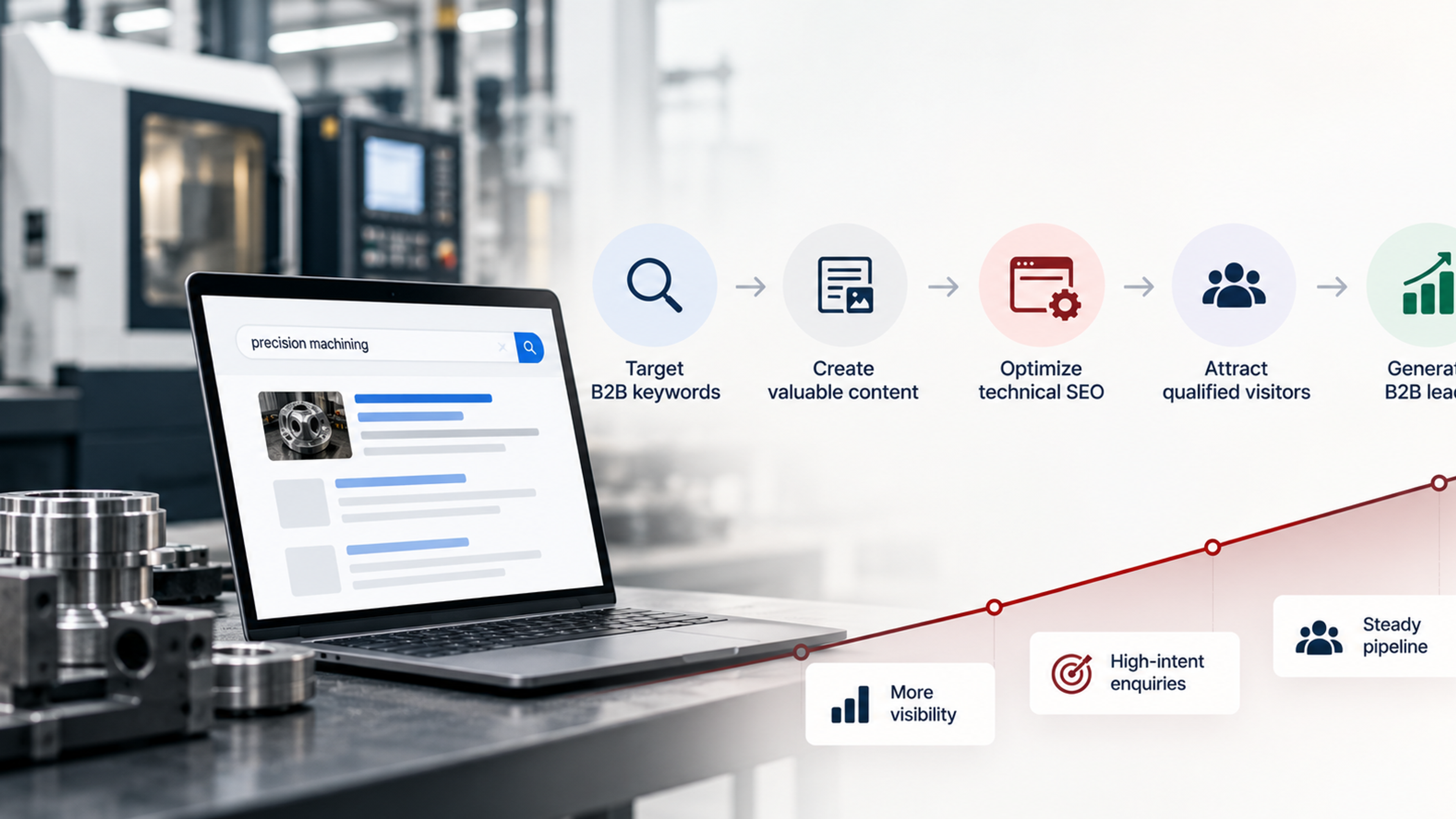 Professional infographic-style illustration about manufacturing SEO, showing a factory-focused digital marketing workflow with search visibility, website optimization, content strategy, and B2B lead generation elements.