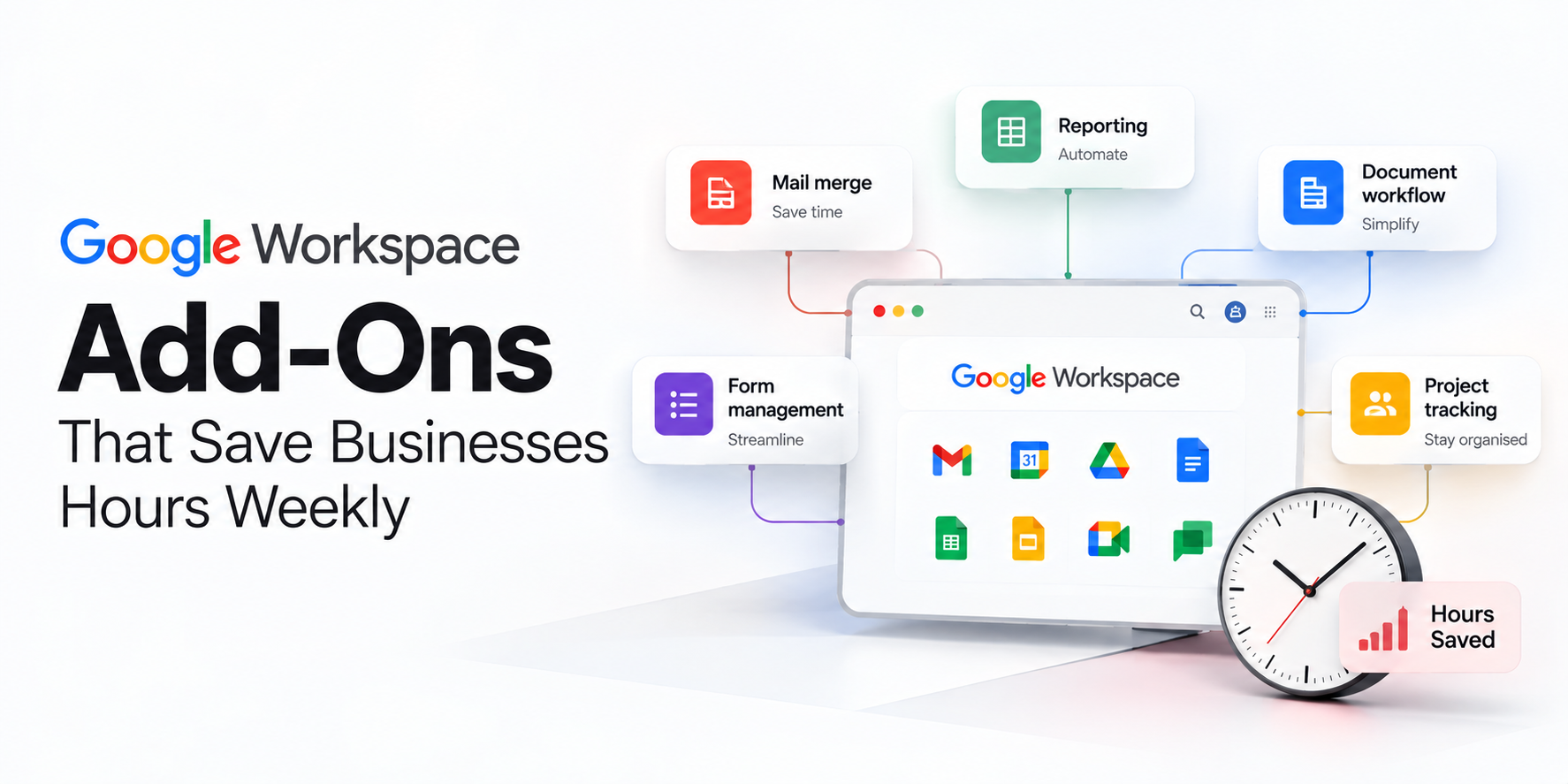 Google Workspace dashboard surrounded by add-on tools for mail merge, reporting, forms, document workflows, and project tracking, with a clock representing hours saved.