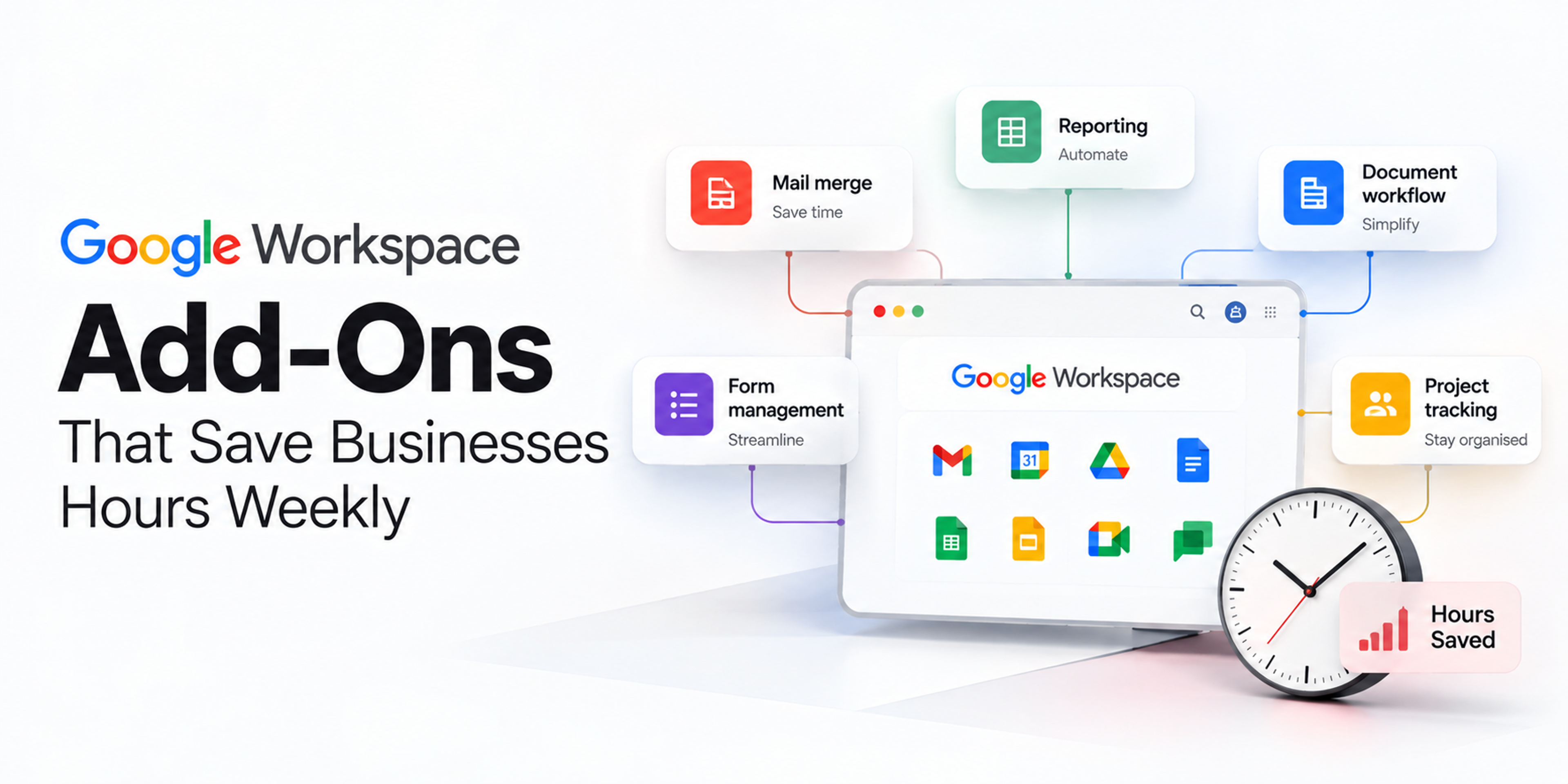 Google Workspace dashboard surrounded by add-on tools for mail merge, reporting, forms, document workflows, and project tracking, with a clock representing hours saved.