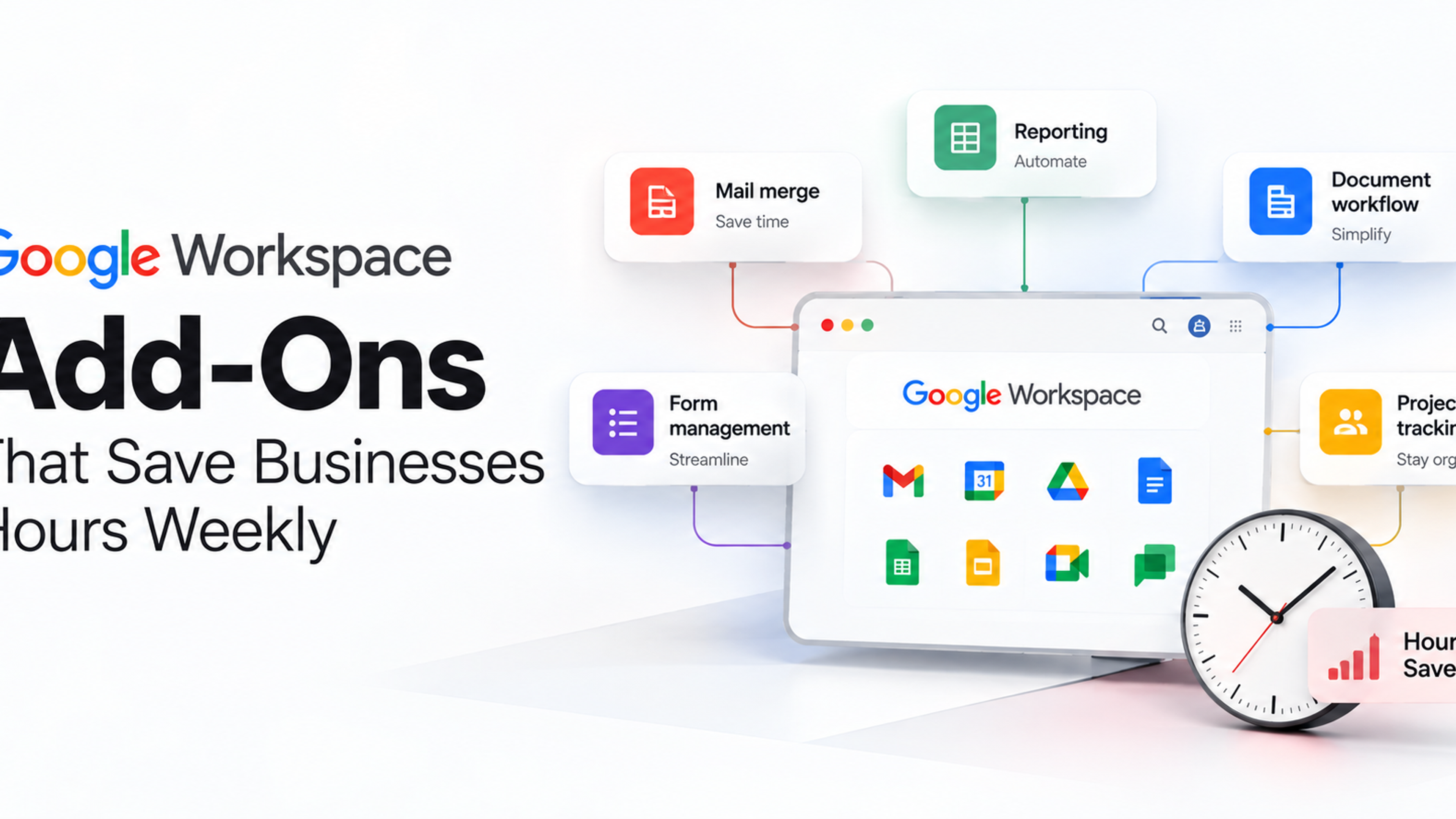 Google Workspace dashboard surrounded by add-on tools for mail merge, reporting, forms, document workflows, and project tracking, with a clock representing hours saved.