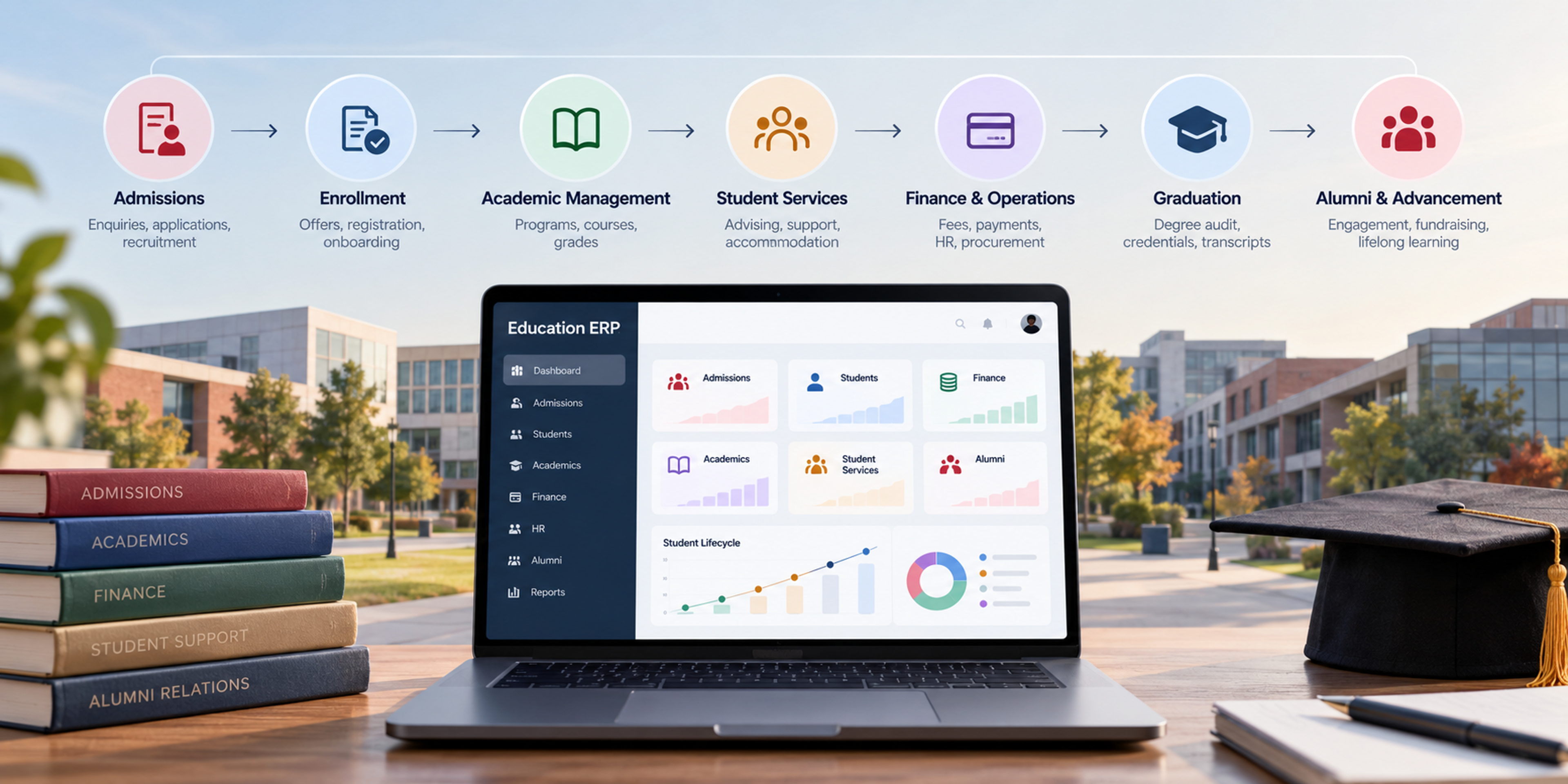 Education ERP dashboard shown on a laptop with a student lifecycle across admissions, enrollment, academics, student services, finance, graduation, and alumni management.
