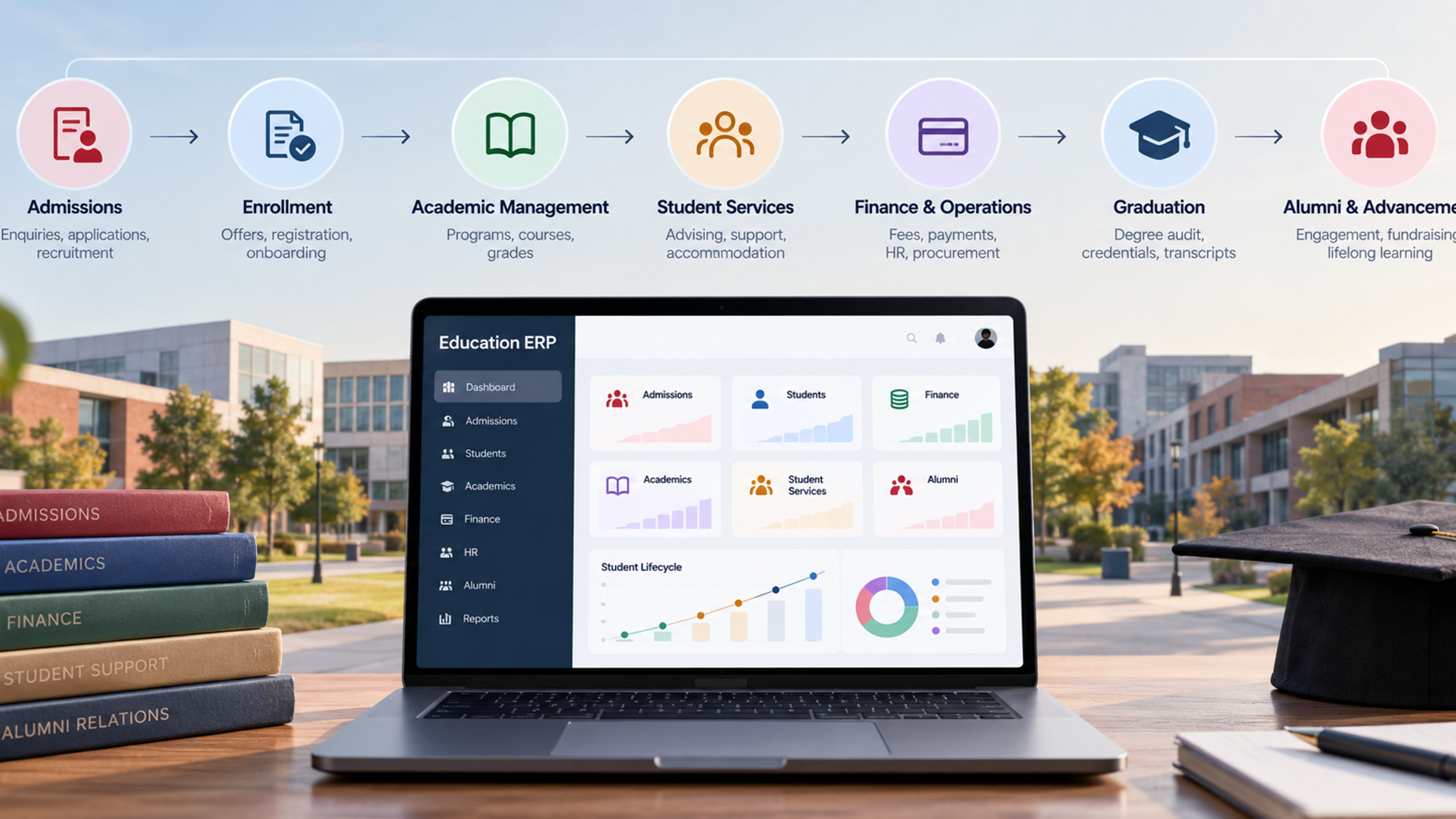 Education ERP dashboard shown on a laptop with a student lifecycle across admissions, enrollment, academics, student services, finance, graduation, and alumni management.