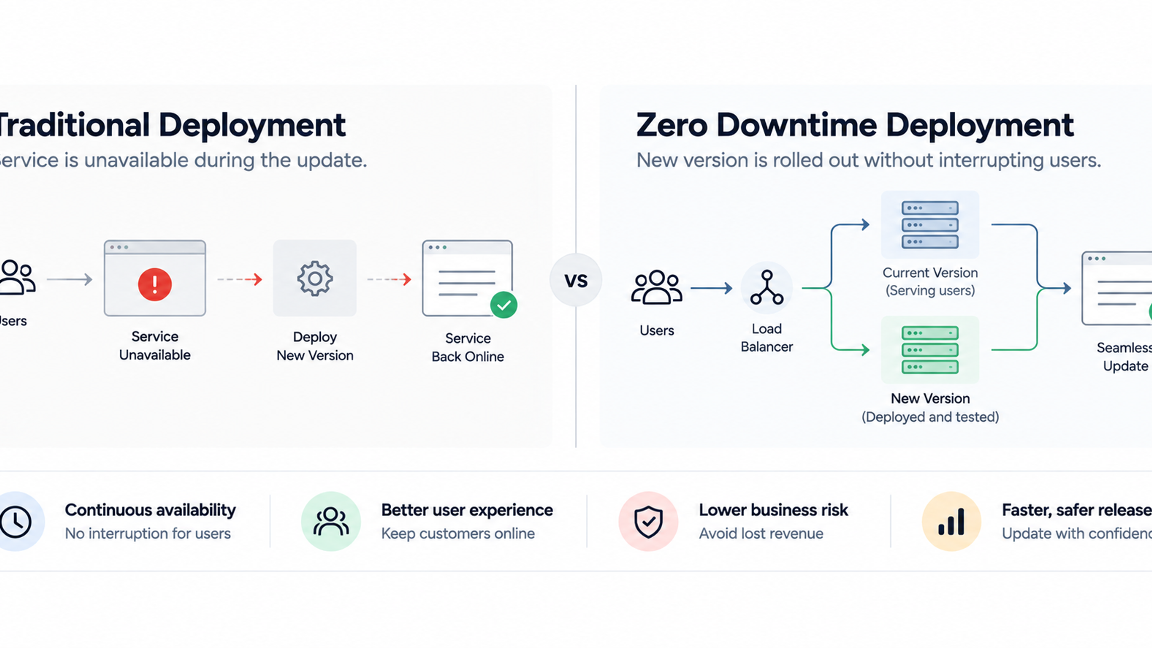 Comparison of traditional deployment with service interruptions and zero downtime deployment using continuous server availability.