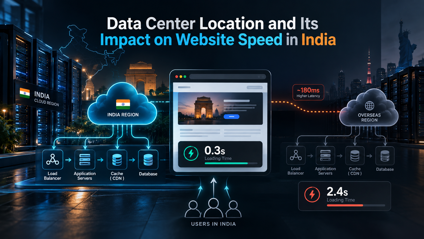 Comparison of Indian and overseas data centers showing how server location affects latency and website loading speed for users in India.
