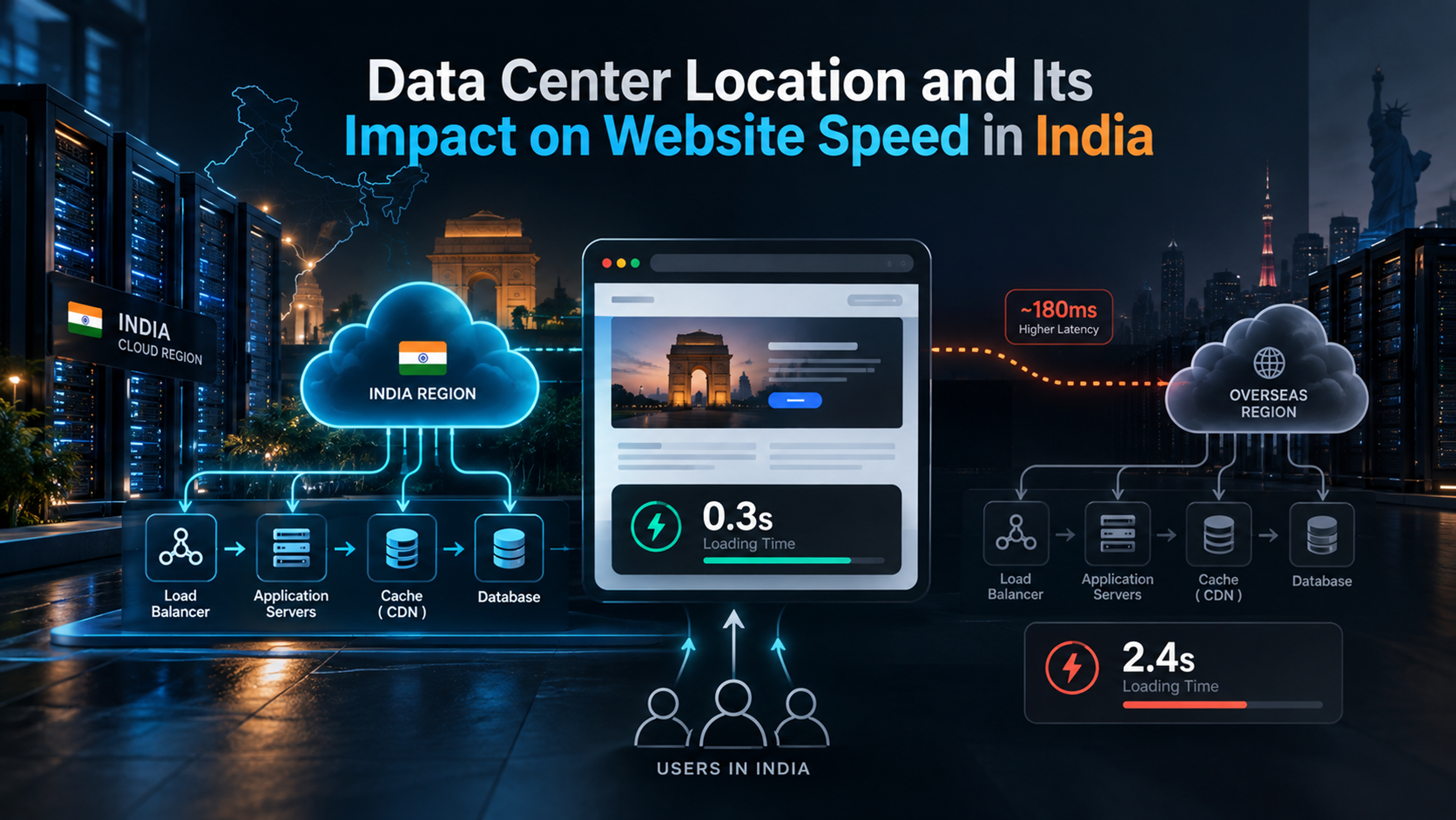 Comparison of Indian and overseas data centers showing how server location affects latency and website loading speed for users in India.