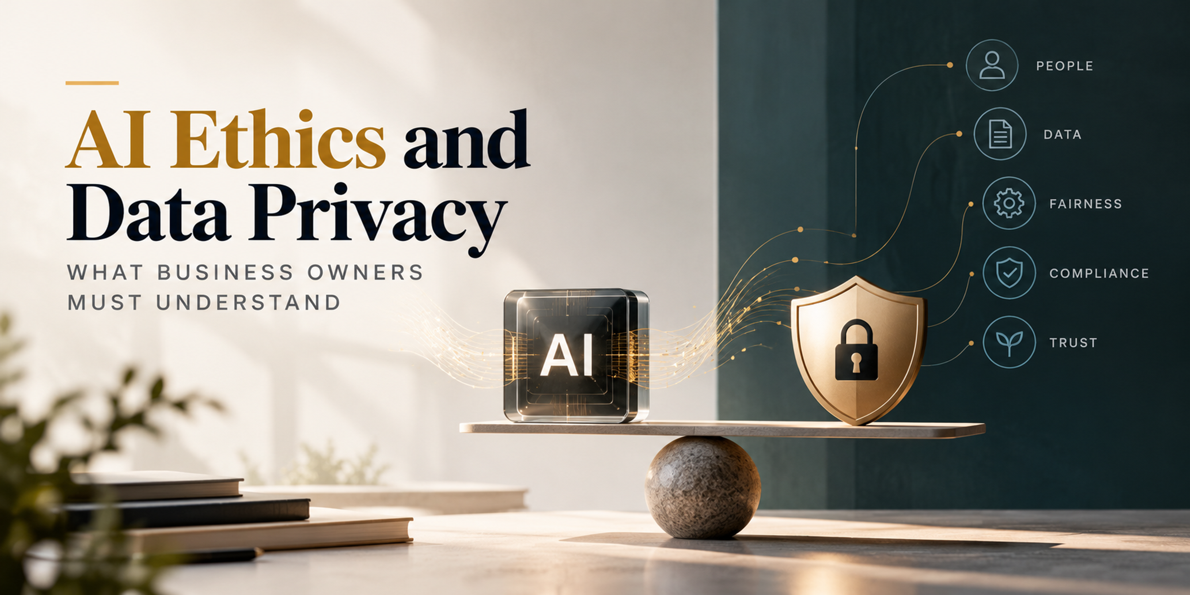 AI ethics and data privacy illustration featuring an AI processor balanced with a security shield, representing responsible AI, data protection, fairness, and business trust.