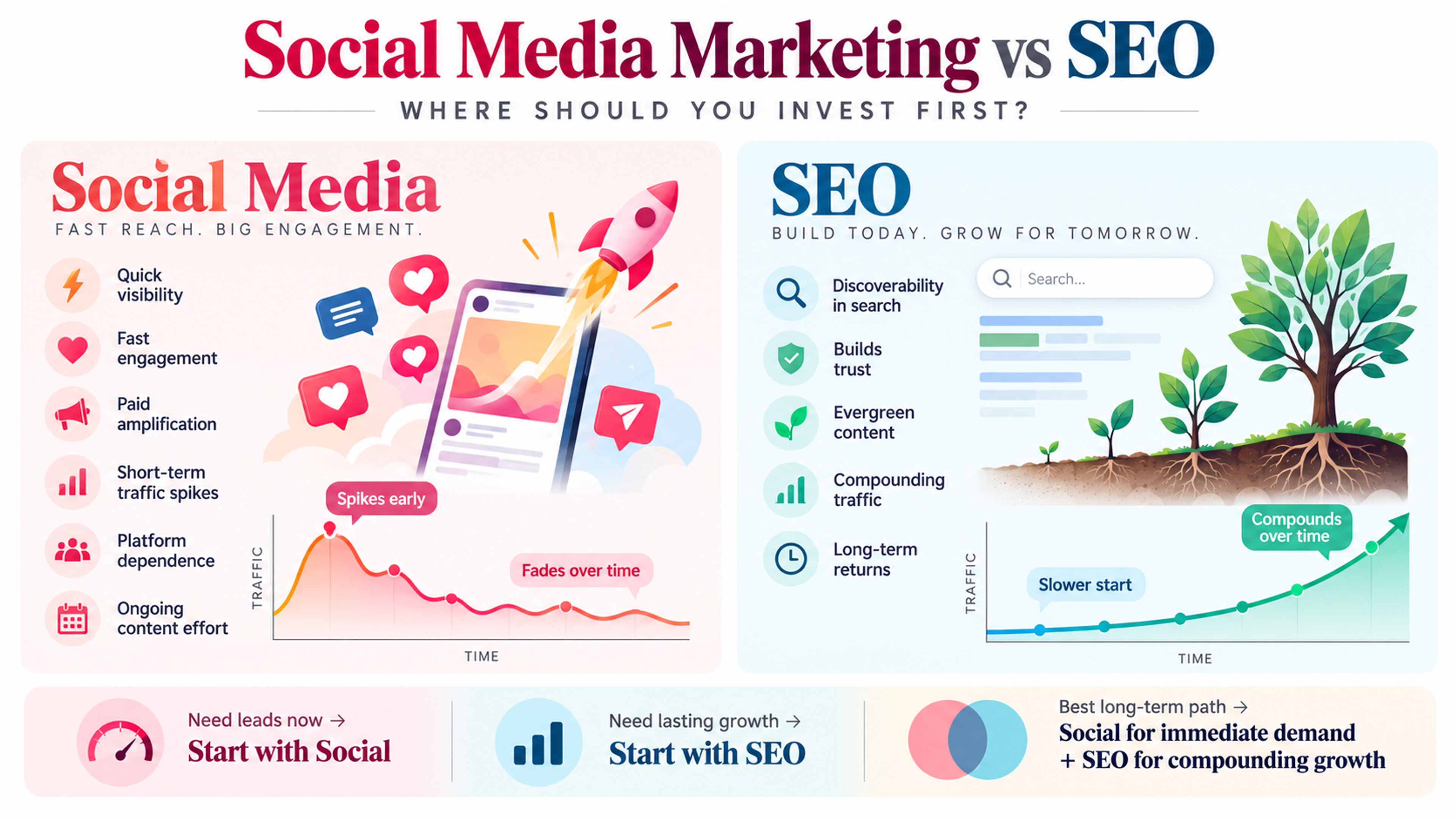 Colorful infographic comparing social media marketing and SEO, highlighting quick visibility, engagement, short-term traffic, organic search rankings, and long-term business growth.
