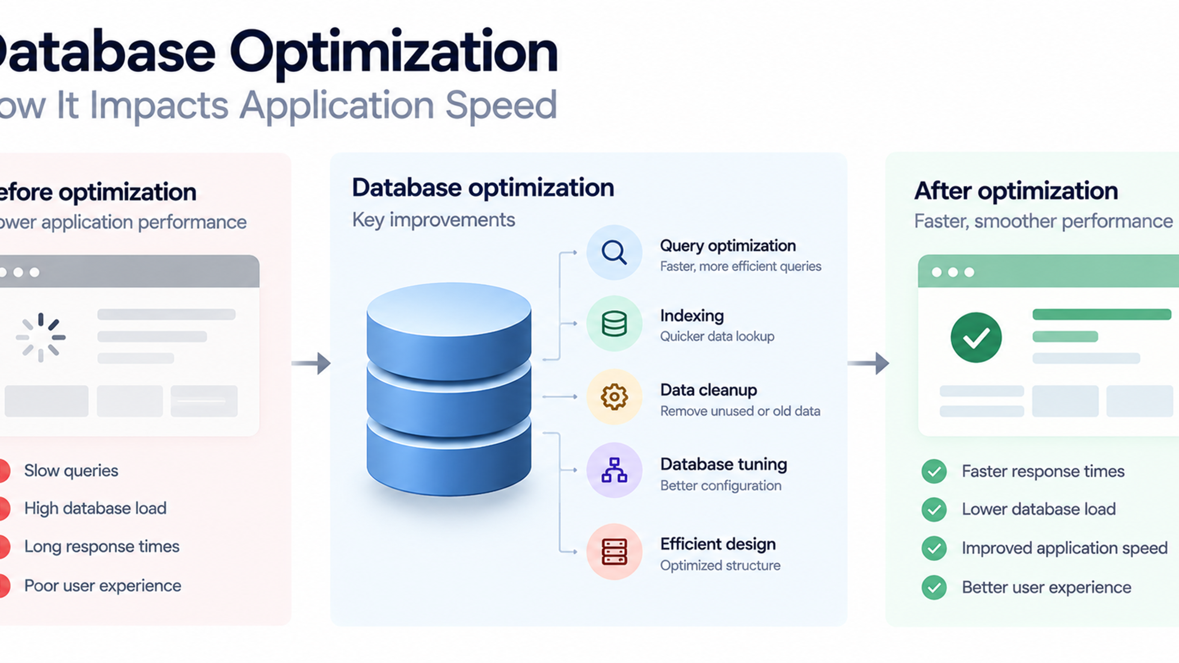 Database optimization infographic comparing slow application performance before optimization with faster responses afterward.