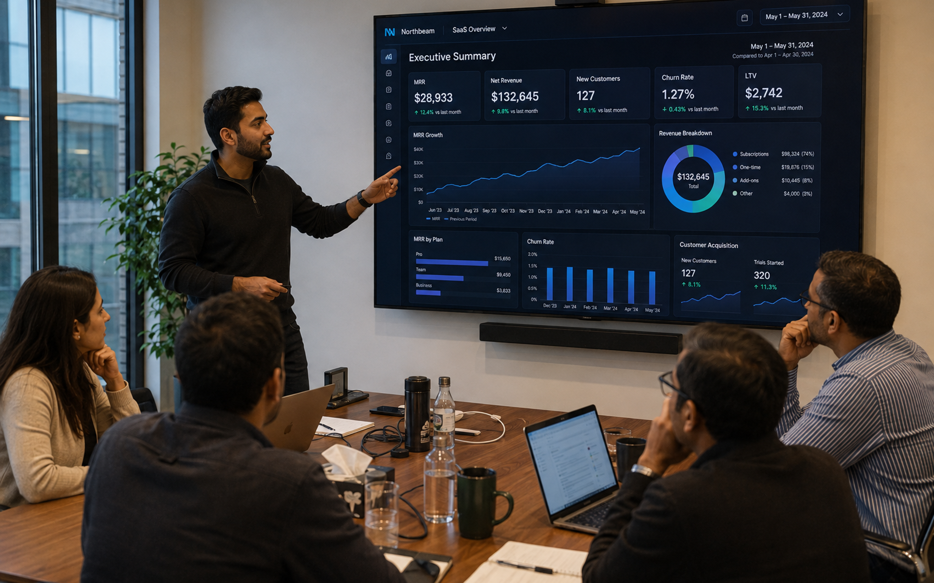Founder presenting SaaS MVP metrics to investors in a boardroom