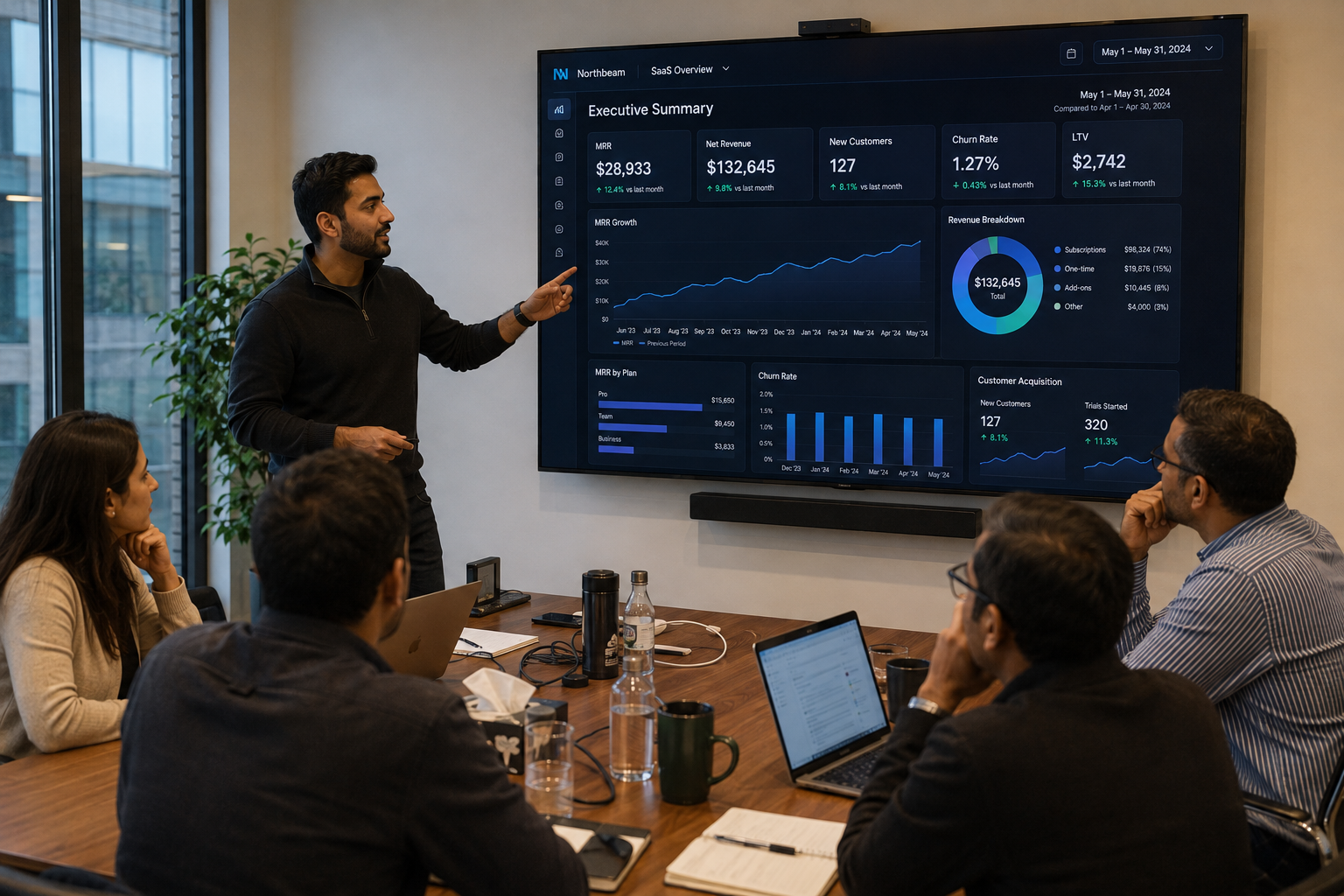 Founder presenting SaaS MVP metrics to investors in a boardroom