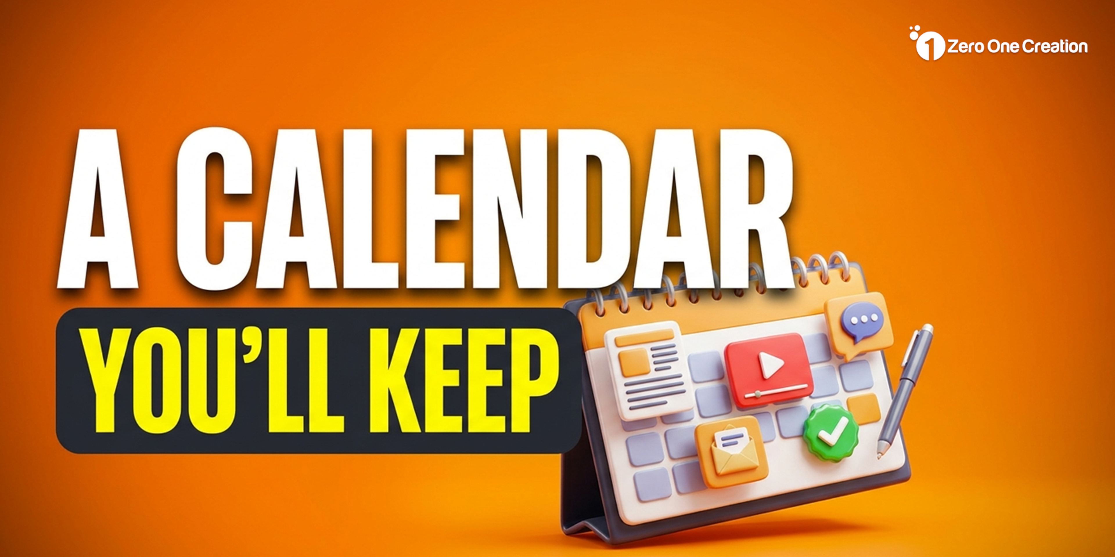 Headline "A calendar you'll keep" with a glossy 3D monthly content calendar holding colorful content cards for a blog post, a video, an email and a social post, with a green checkmark and a pen.