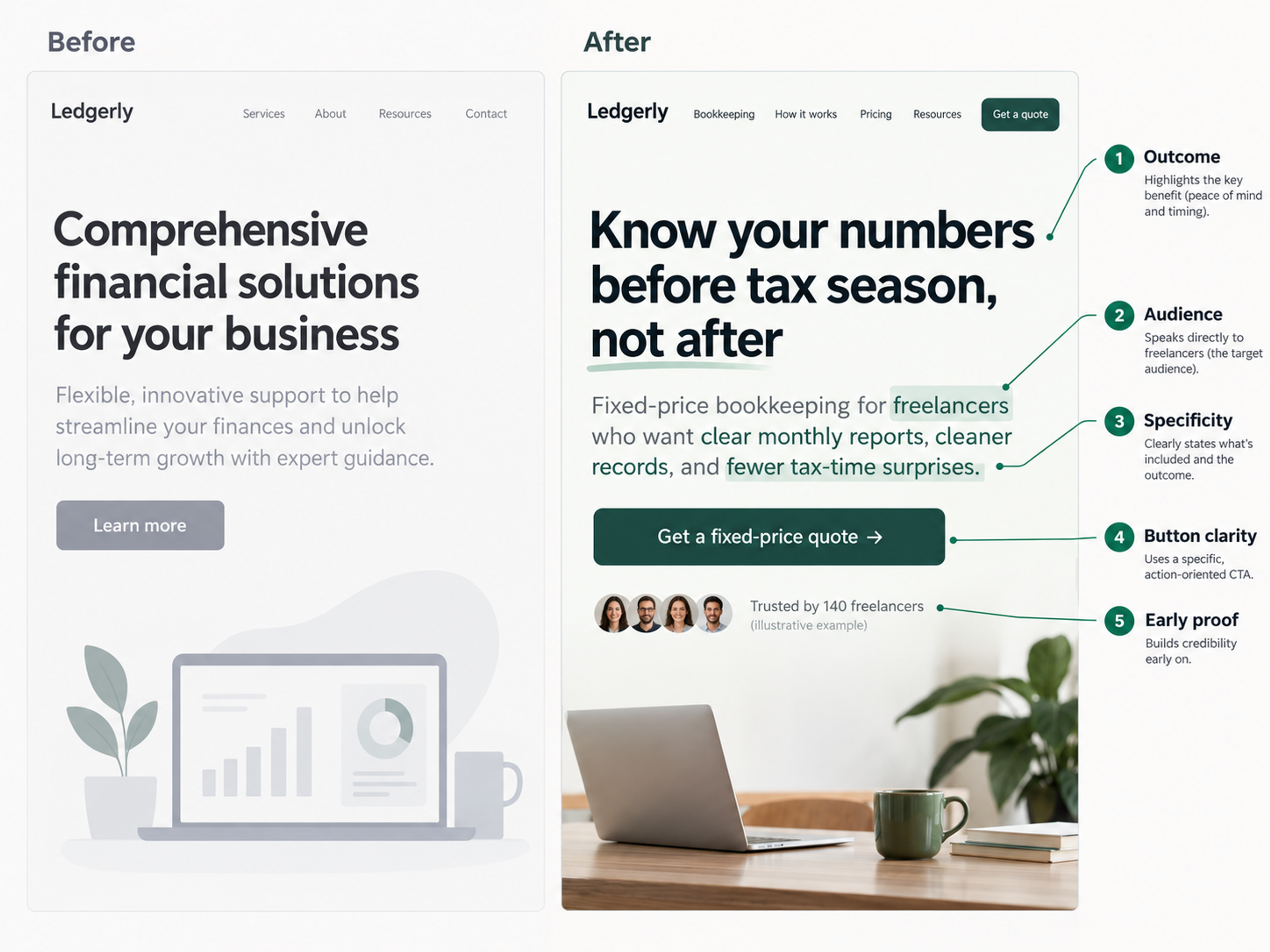 Website hero copy before after comparison