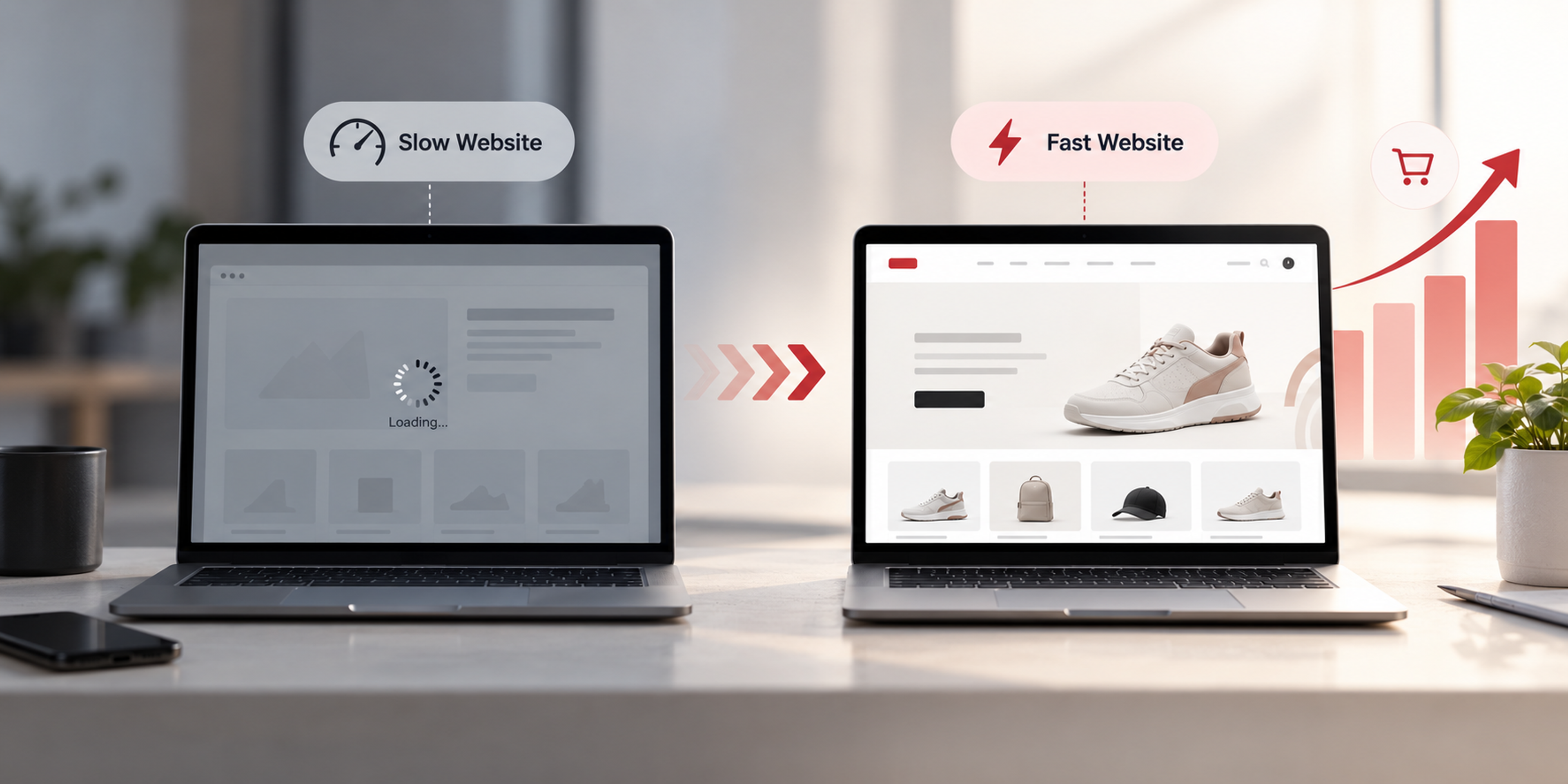Side-by-side comparison of a slow-loading website and a fast ecommerce website, with a rising revenue chart showing the commercial impact of improved website speed.