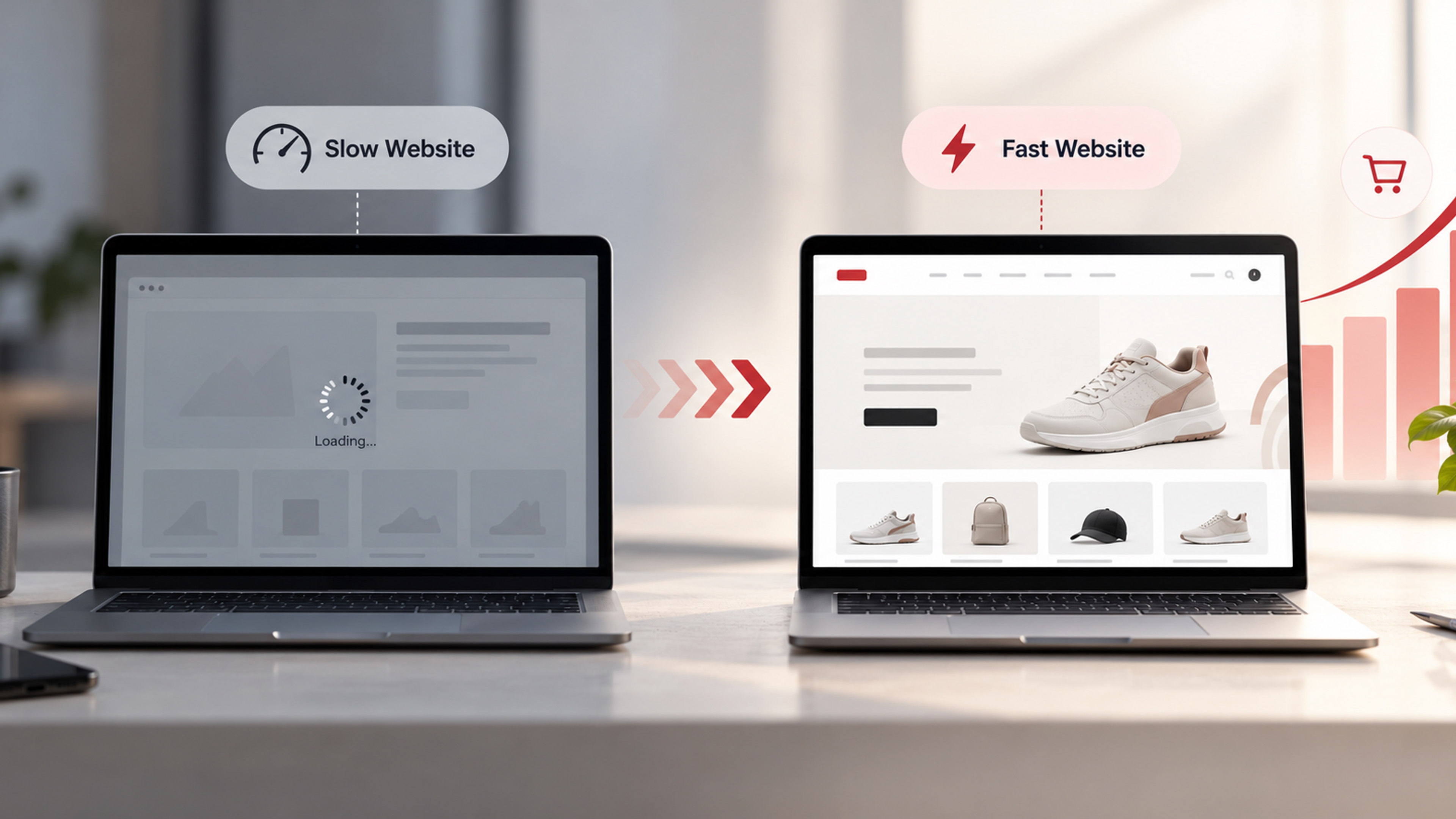 Side-by-side comparison of a slow-loading website and a fast ecommerce website, with a rising revenue chart showing the commercial impact of improved website speed.