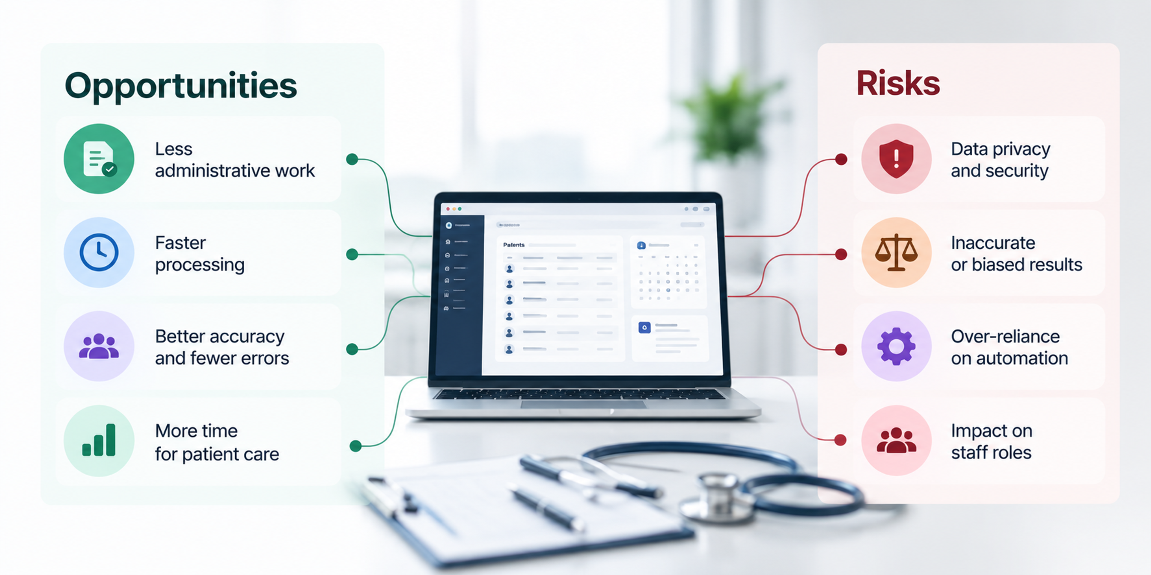 Healthcare administration automation visual showing opportunities such as faster processing and reduced workload alongside risks including data privacy, bias, over-reliance, and staff impact.